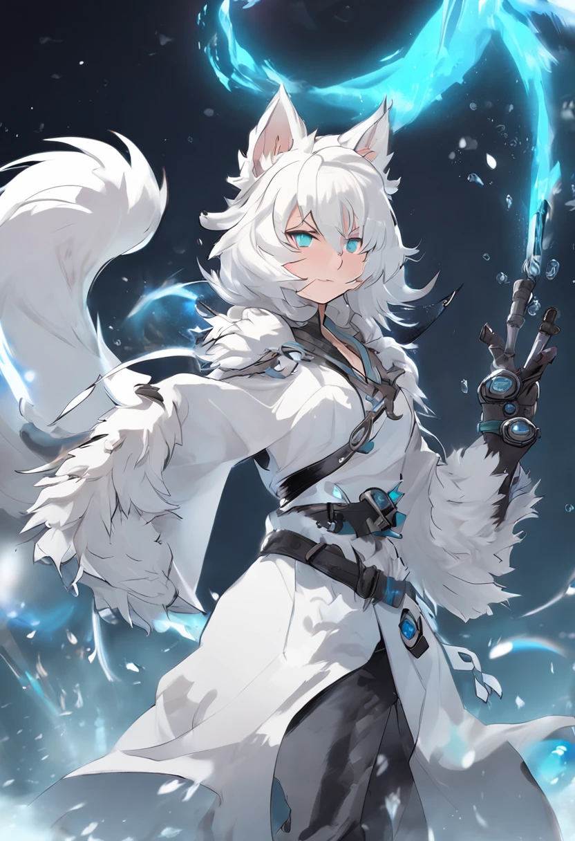 shaggy,short and fine hair,with short white hair,hairy pubic hair,male student,Ahoge,big fluffy tail,gray fur,Dark blue fur,wolf ears,high quality portrait,human-shaped,Big, bright orange eyes,symmetrical lines of the body,gray scarf,Blue-grey ears,full shot,cool face,she keeps her mouth open,shaggy,animal ears,cat paw,white auspicious eyebrows,prepare a sword,whole body,Holy Sword,glowing sword,Hold with both hands,Completely naked,galaxy background