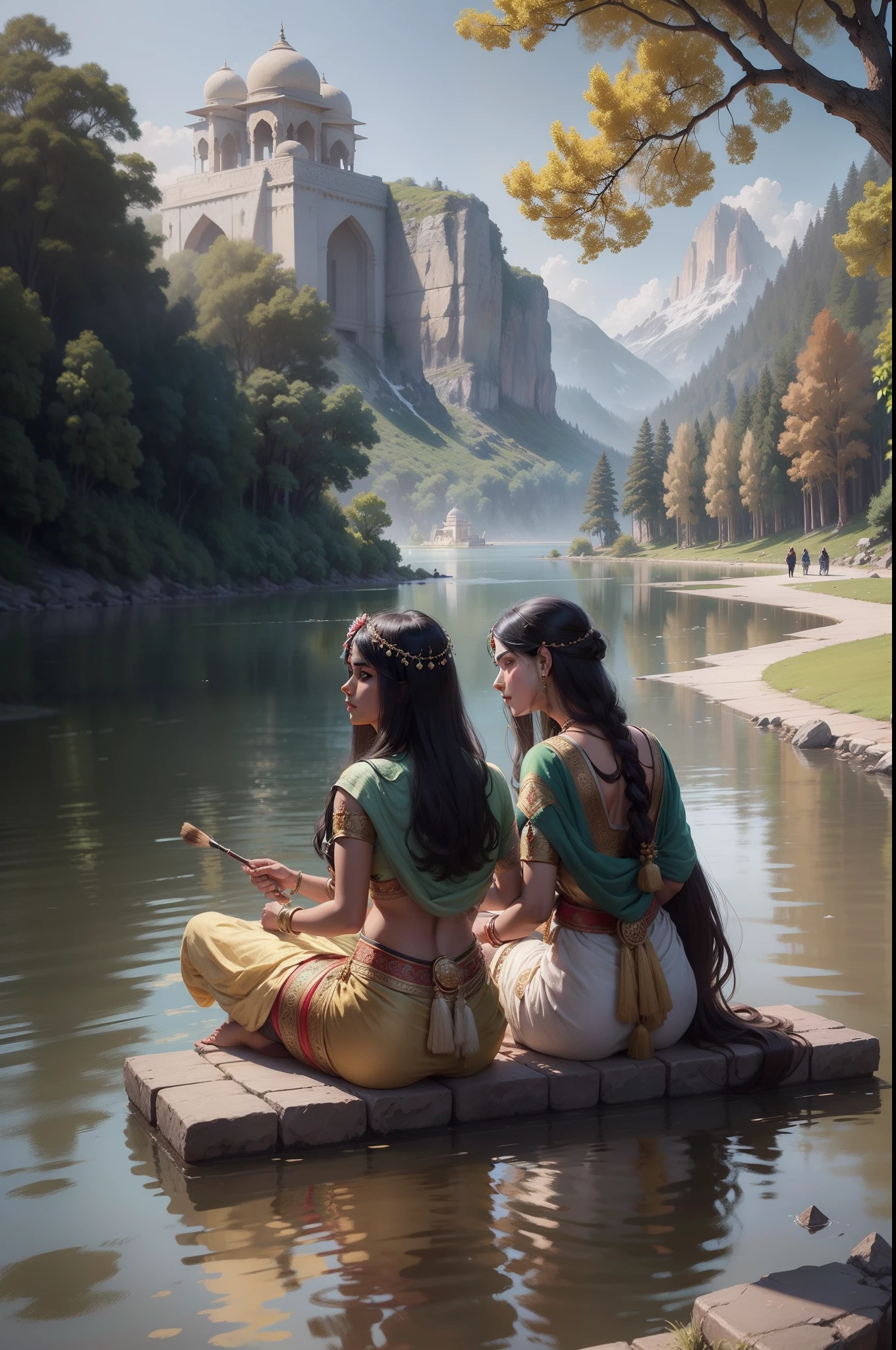 painting of couple sitting on a bench near a lake, realistic fantasy render, relaxing concept art, fantasy scene, calmly conversing 8k, 8k stunning artwork, beautiful render of a fairytale, fantasy art behance, (octane render) fantasy style, fantasy oil painting, cute, by Dhurandar style, 4k hd hyper realism and fantasy imaginative realism, beautiful brush work with smart mixing of brush work artwork with Variations lakeside background with fort and stone bench painting of a couple 5 to 6 of servant and horsecart standing by near of lake  sitting on a bench and some of standing and talking each other with a peacock, cow by Raja Ravi Varma style , indian art, by sapar and sm pandit style, hindu art, inspired by Raja Ravi Varma, ravi Varma, from mahabharata, beautiful depiction, palatial scene, inspired by T. K. Padmini