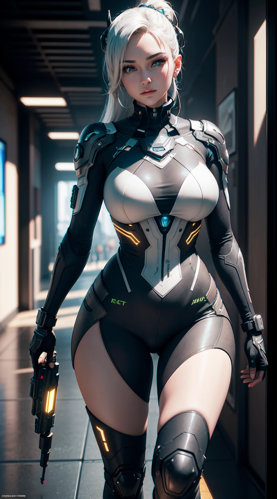 (Muscular:1.8), (thick thighs:1.7), (wide hips:1.7), (large breasts:1.5), FEMALE, brown hair, long brown hair, (big smile:0), (cute slim cyborg from the future:1.6), looking at viewer, (three quarter view:1.1), (close up medium shot:1.7), (futuristic city:1.5), dark lighting, detailed skin, detailed eyes, (dark skin:1.), (very thin waist:1.6), (huge round muscles:1.4), (bright blue eyes:1.6),