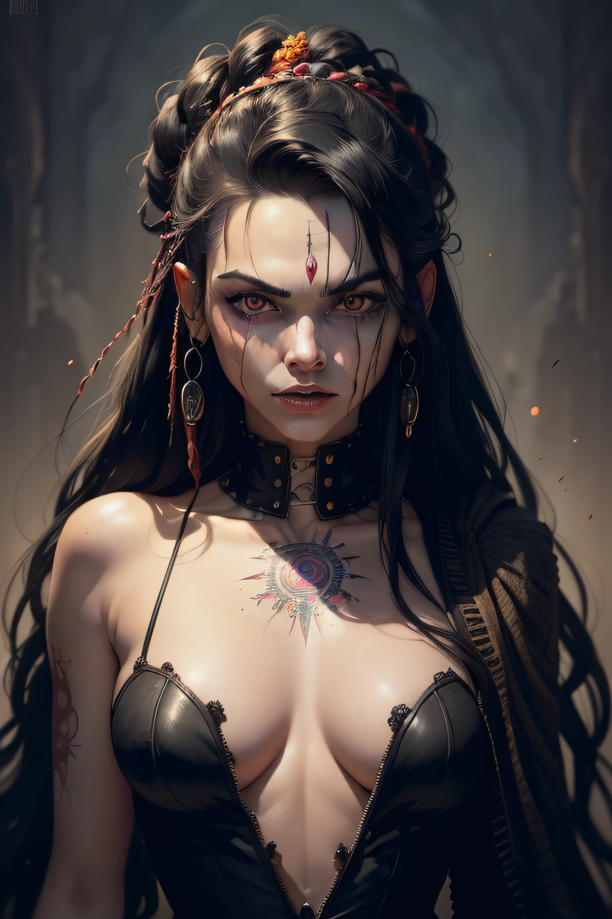 ((masterpiece:1.4 best quality:1.2))Zombie, black hair, psychedelic, spiral, vintage horror, dreadlocks, skulls, artwork portrait, adam hughes.