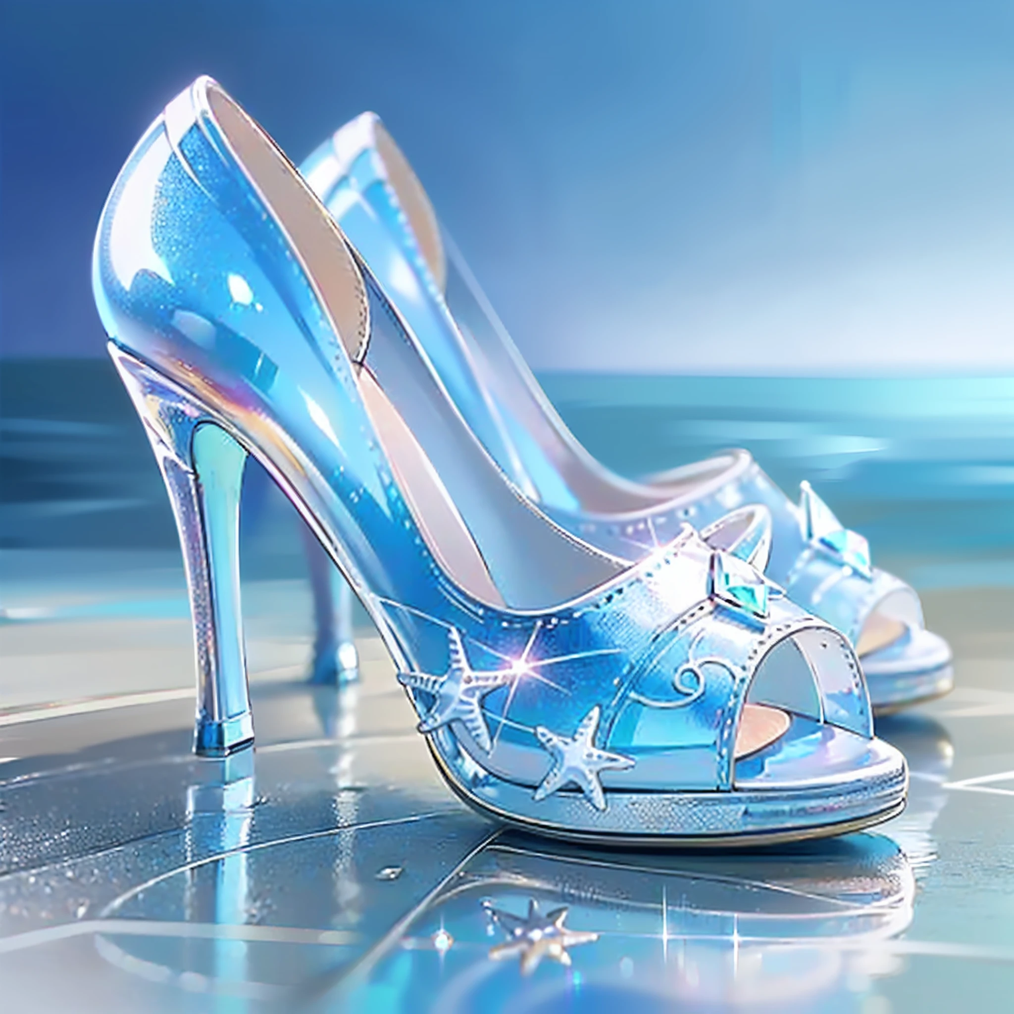 A pair of high heels,without humans,(Top resolution:1.5), (Top image quality:1.5), Close-up of a pair of shoes on a shiny surface, slightly holographic, fairy tale style background, made in adobe illustrator, Magical items, holograph, illustration!, (Blue and white high heels:1.5), (Transparent heels:1.5), (The background is the seaside:1.5)