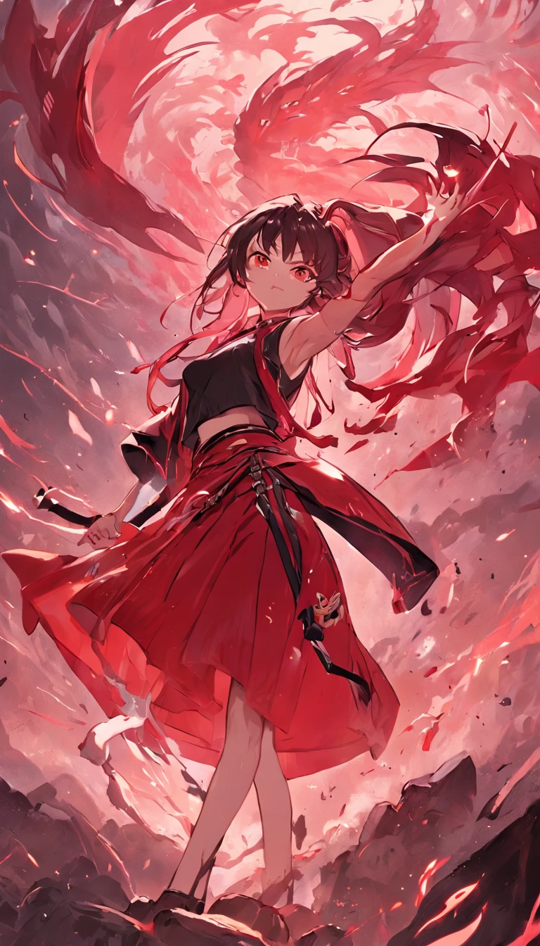 A girl, Black T-shirt, Red skirt, pencil skirts, Show off her terrifying power in battle, Defeat the forces of the Thousand Demon and the Unification Sect, Li Gu's movements were as fast as lightning, Hand-held weapons for devastating blows, The soldiers of the Fan Demon Alliance and the Unification Sect were vulnerable in front of him, Unable to withstand his terrible power, , 32K, Best quality, Masterpiece, Super detailed, High resolution, high detail