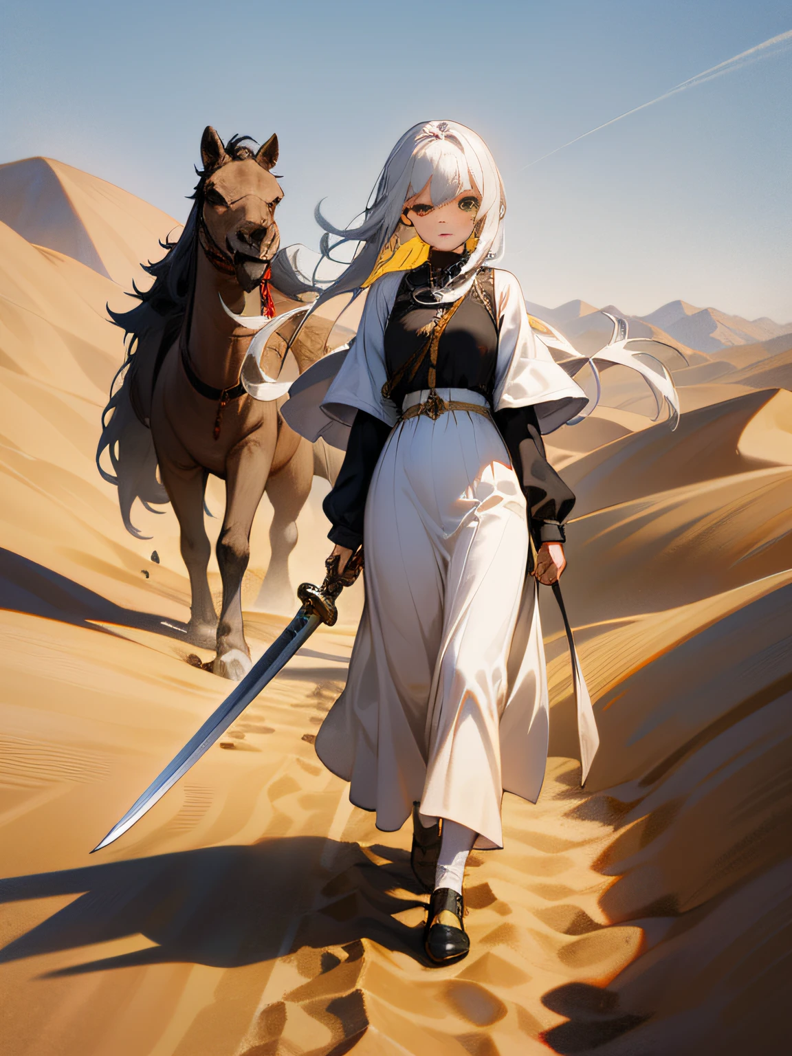 Kizi,Long black dress in period costume,long layered silvery white hair,Heterochromic pupils,Armed with a quaint longsword,walking in a desert,Leading a camel,The sun is hot in the sky,The background is full of yellow sand,In the distance there is a cactus