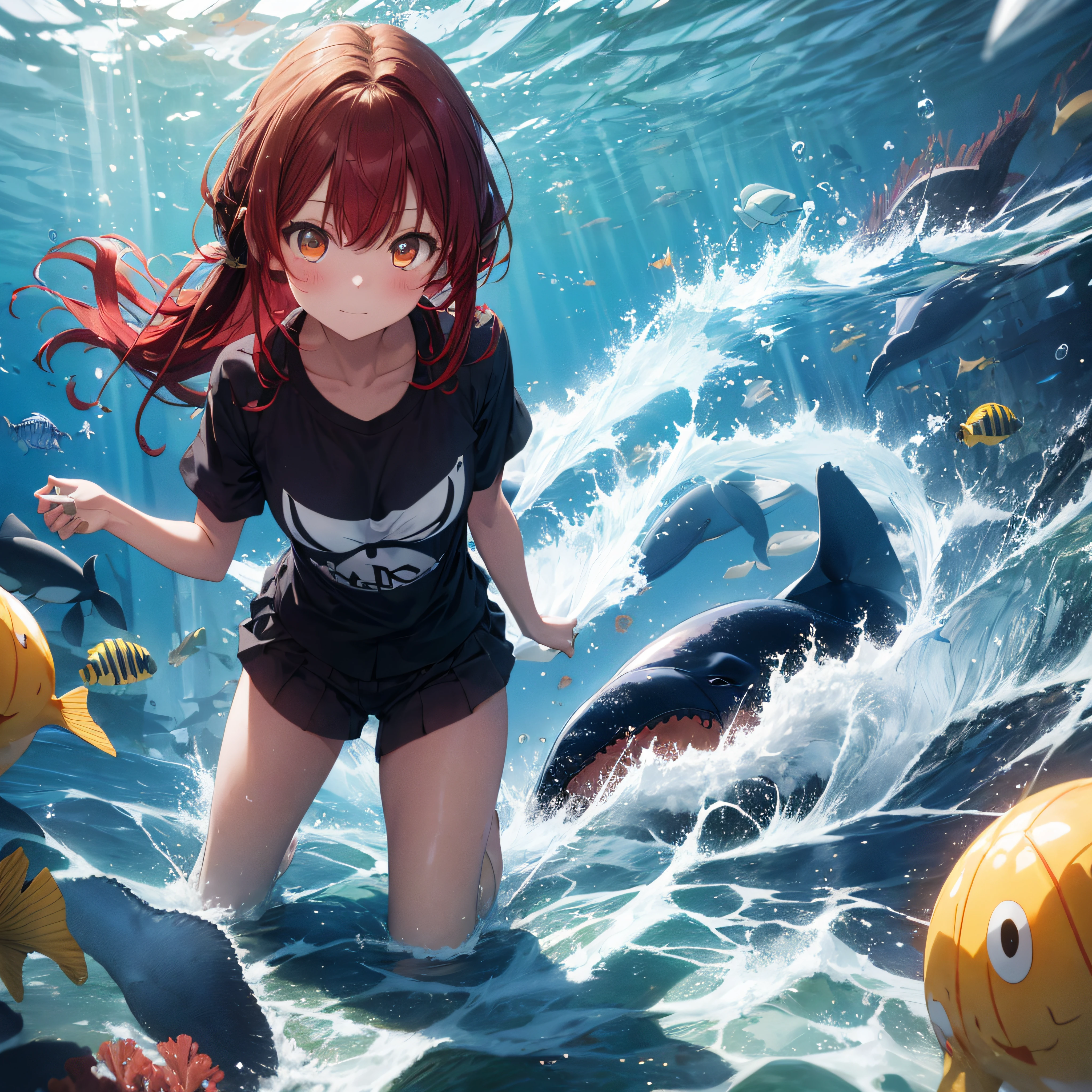 ((best quality)), ((masterpiece)), 1girl, whale, under the sea, full body, rainbow bubbles, foams, sea creatures, red hair , gold eyes