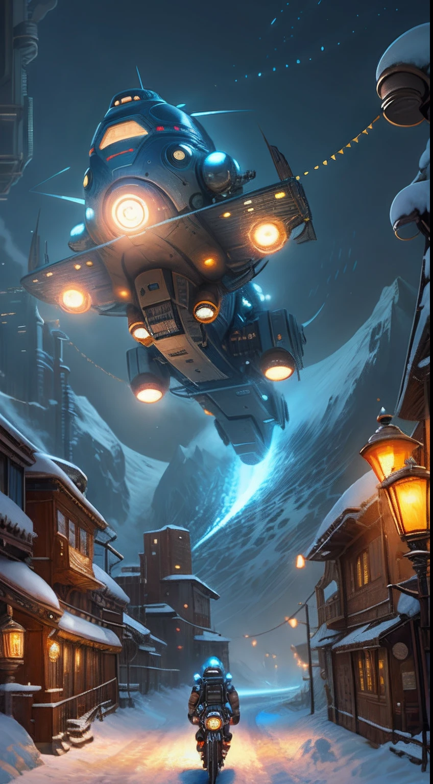 nevando,snow mountains,kosmos,alley,sci-fy,cyber punk perssonage,lamplight,a sense of atmosphere,City lights,Original painting of a spaceship flying over the city, sense of science and technology,conceptual drawing, cyber punk style, Steampunk flies overhead, Concept art for the game, The sky is snowing,Astronaut pulling panda in steampunk cityscape universe,Original Drawing