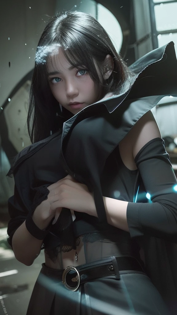 1Young girl, dark hair, hands on chest, ultra detailed,  There is a bit of white hair in the front hair, wet face, blue eyes, eye detailed, black tank top, no brah, grey short skirt