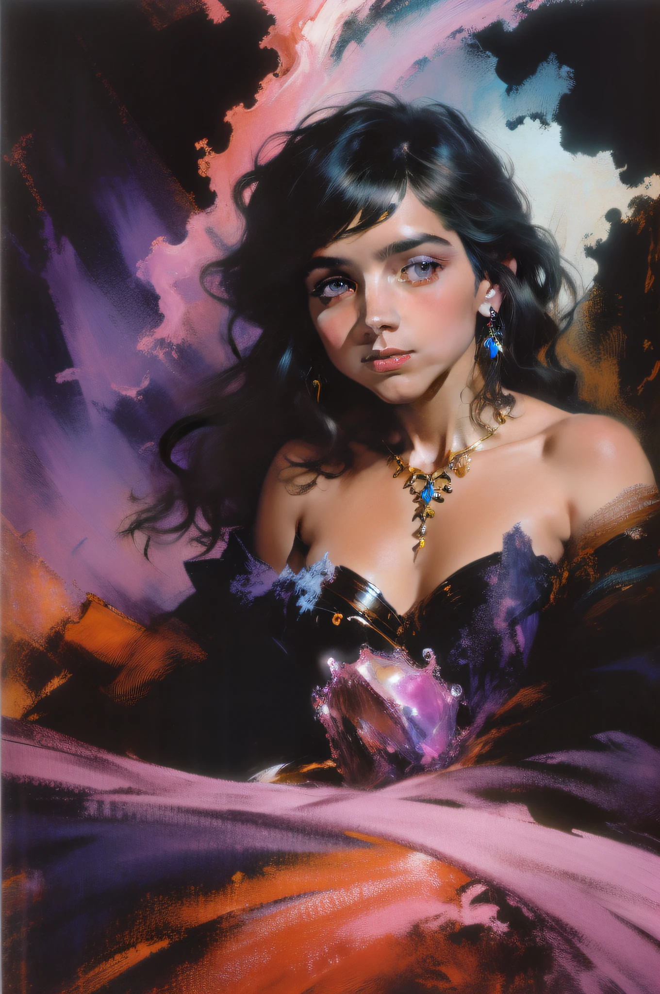 romanticism lain, Ethereal, mistic, (A soft wisp of rainbow smoke floats) , (Billowing smoke and the soft swirls of colorful cosmic nebulae), in the background (Stunning crystals and a variety of colorful minerals: 1.6),