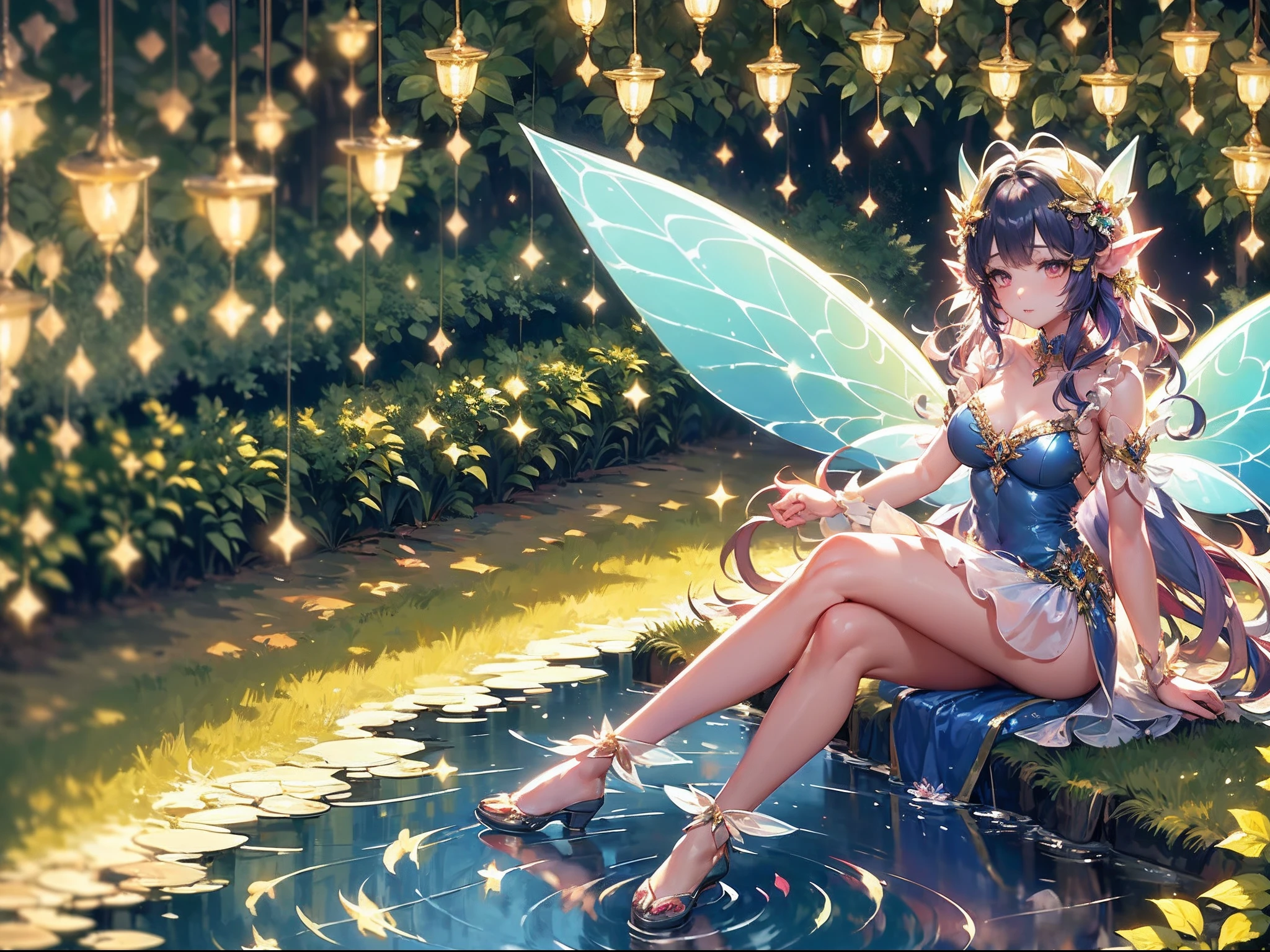 Oil painting:1.4, Impressionist, Sitting by a deep forest fountain in the Mysterious moonlight, feet immersed in water A girl, Beautiful face and brightly colored shining eyes. (Wearing big fairy wings of night effect:1.5) 。She wears an intricate and delicate lace dress. Fantastic deep forest lakeside decorated with flowers. Floral. Reflections. Vivid colors. High image quality. low resolution