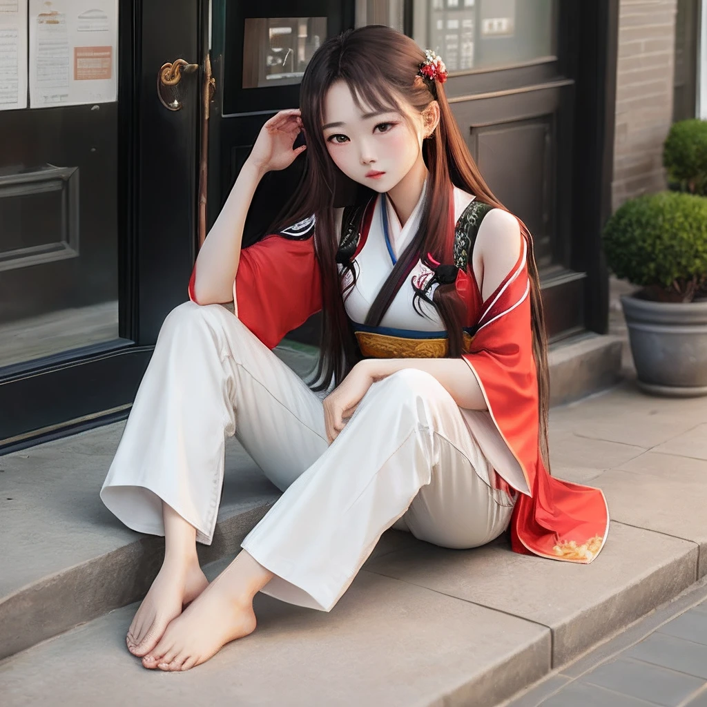 White wide-leg flared pants,s girl,A brown-haired,Hanfu,Barefoot