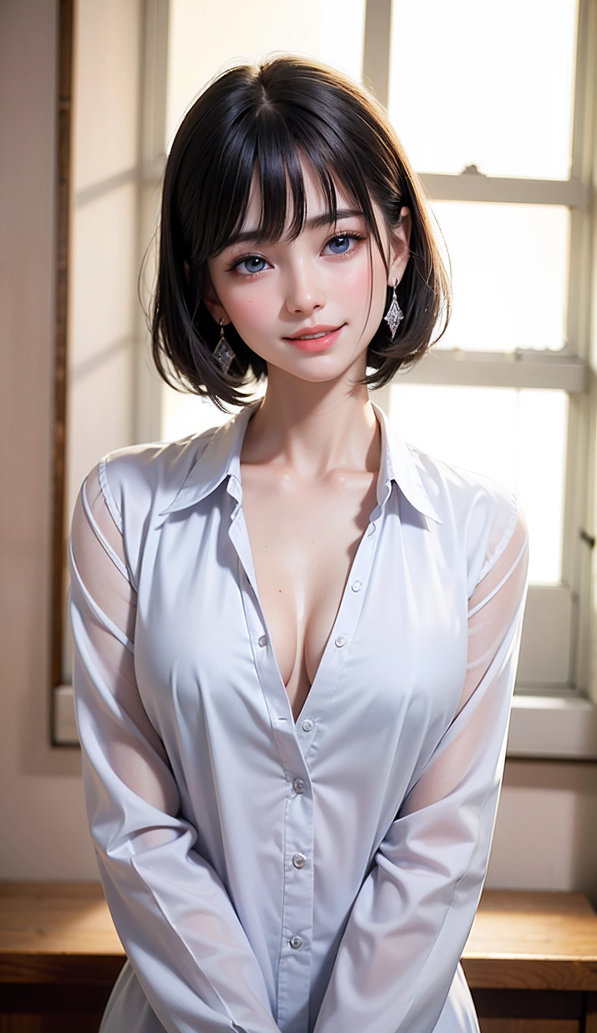 (high-level image quality、high-detail、hightquality、hight resolution、Draw everything in high resolution)、Intense crystal light blue eyes、very pale colored eyes、Smaller diamond-shaped earrings、Look firmly at the camera、Put your ears out、Beautiful black hair、Beautiful very short beautiful hair with bangs、Show off all the beautiful décolletés、Beautiful 28 years old、lipgloss、long neck、Happy smile、Beautiful teeth alignment、Beautie、Pretty Woman、Pure white business shirt with open chest、Illuminate the light from the windowsill、slightly larger eyes、Very mature and beautiful woman、a small face、tall supermodel、Supermodel with broad shoulders
