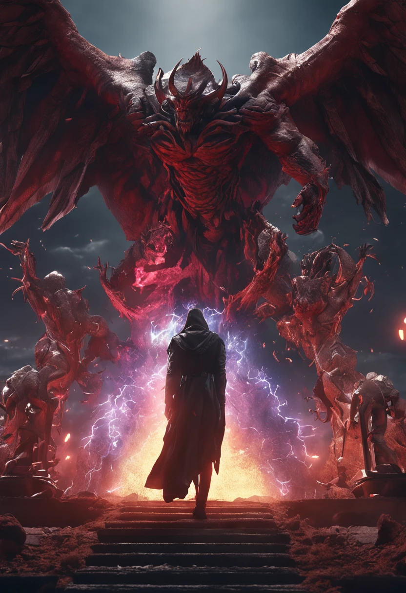 (professional 3d render:1.3) af (Realistic:1.3) The most beautiful artistic photo in the world,It features evil demons falling from bright skies, ((Lucifer, Evil hell demon, Something to do with humans on Earth, Next to the beauty. , Fantastic location, Majestic and cluttered environment)), Full body 8K unit rendering, action shot, skin pore, very dark lighting, heavy shading, A detailed, Detal Face, (vibration, Realistic photography, Realistic, Dramatic, darkly, foco nítido, 8K), ((((Use skins)))), (复杂:1.4), decadent, (highly detailed:1.4), digitial painting, rendering by octane, art stations, concept-art, Liso, foco nítido, illustration, From the germ of art, (loish:0.23), wlop ilya kuvshinov, e Greg Rutkowski e Alphonse Mucha Gracias, (global ilumination, studiolight, Light volume), lotr, fanciful, biz, Inteiroesbian body, ((Dark and ancient city background:1.3)),CGSesocieda,art stations