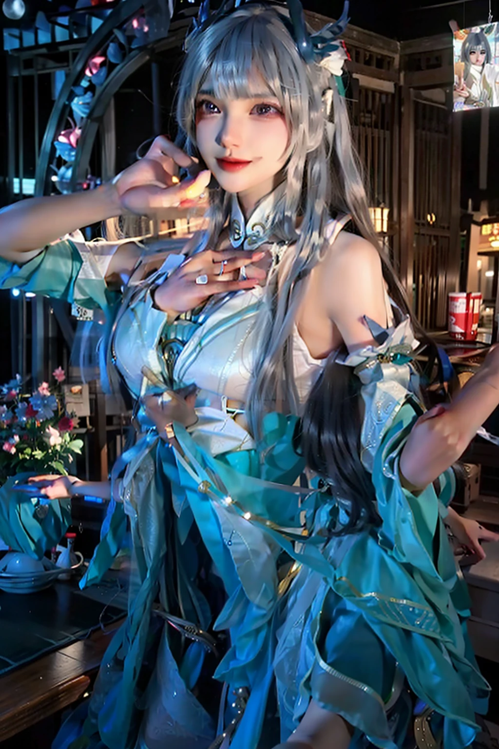 Best quality ,Masterpiece, illustration, An extremely delicate and beautiful, Extremely detailed ,CG ,Unity ,8K wallpaper, Amazing, finedetail, Masterpiece, Best quality, offcial art, Extremely detailed Cg Unity 8K wallpaper, hugefilesize , Ultra-detailed, A high resolution, Extremely detailed, Beautiful detailed girl, Extremely detailed eyes and face, Beautiful detailed eyes, light in face, 1girll, (18yr old:1.2), Glaring, Serious, From behind, (milky ways:1.2), Star \(sky\), (Night sky:1.4), Outdoors, (Upper body:1.2), Detailed sky, Night, arms at sides, bule eye, china dress, east asian architecture,  See-through,