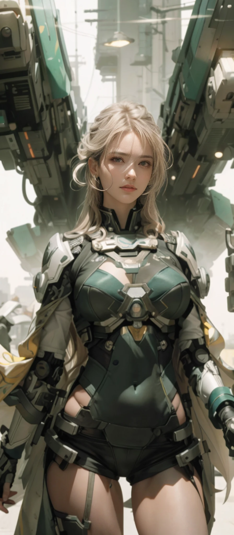 NSFW，tmasterpiece，best qualtiy，cinematic ligh，offcial art，Propaganda art，movie wallpapers，Very detailed CG unified 4k wallpaper，Complicated details，white backgrounid，full bodyesbian，sface focus，concept-art，The art of production，（ , highres, (realistic, photo-realistic:1.2), physically-based rendering, machinery, reflection, realistic, cyberpunk, symmetric front view close up head shot eyes symmetry face very sharp focus realistic award winning matte drawingcinematic ligh灯光 1男孩，mechs，（illustratio：1.1），slim，Large breasts，White skin of the，delicated face，King's robe，shine，Tights，（cabellos largos dorados），green-eyed，battlefiled，chips，shine，long sword