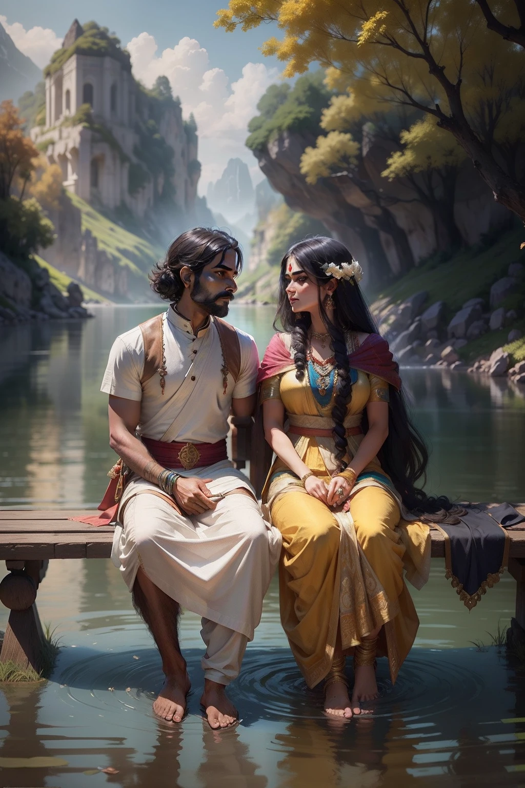 couple sitting on a bench near a lake, realistic fantasy render, relaxing concept art, fantasy scene, calmly conversing 8k, 8k stunning artwork, beautiful render of a fairytale, fantasy art behance, (octane render) fantasy style, fantasy oil painting, cute, by Dhurandar style, 4k hd hyper realism and fantasy imaginative realism, beautiful brushwork with smart mixing of brushwork artwork with Variations lakeside background with fort and stone  painting of a couple 5 to 6 of servant and horse cart standing by near of lake sitting on a bench and some of standing and talking each other with a peacock, cow by Raja Ravi Varma style , Indian art, by spar and sm pandit style, Hindu art, inspired by Raja Ravi Varma, Ravi Varma, from Mahabharata, beautiful depiction, palatial scene, inspired by T. K. Padmini