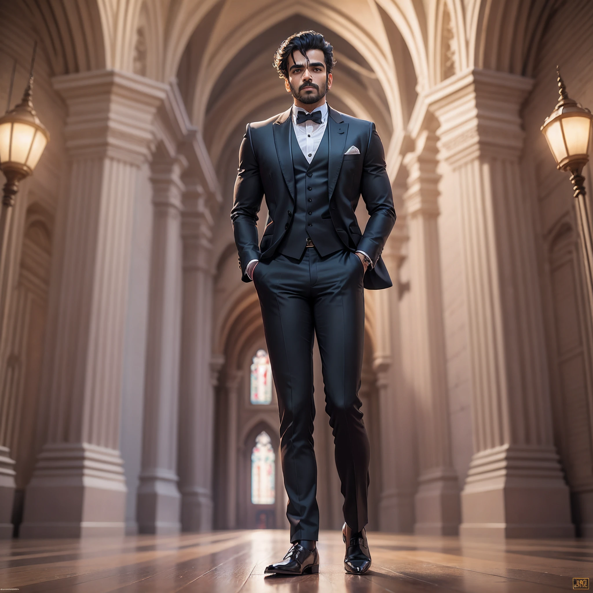 Bollywood actor Ram Charan look alike, full body portrait, wearing tuxedo in a large cathedral, cinematic lights, hi resolution, 4k, 8k, ultra realistic --auto --s2