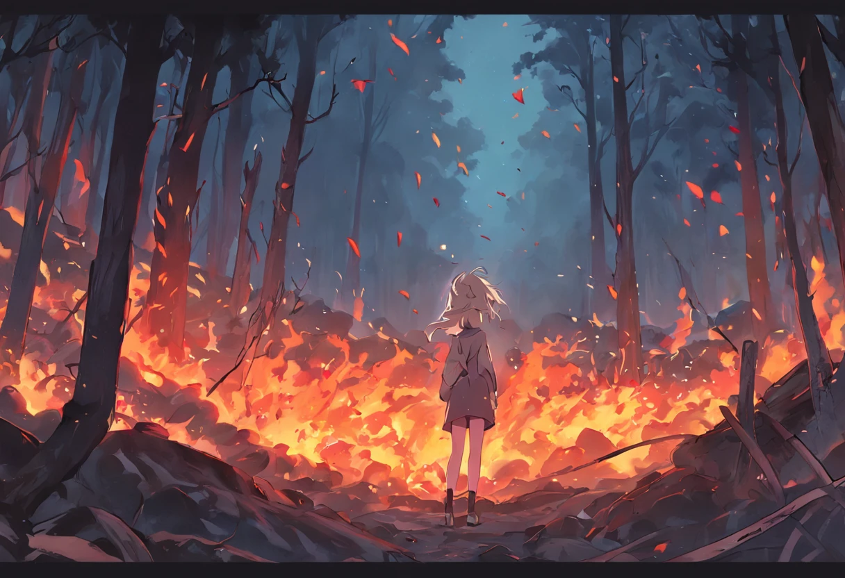 Wildfires covered the forest，The mountain peaks were full of fire，the fire