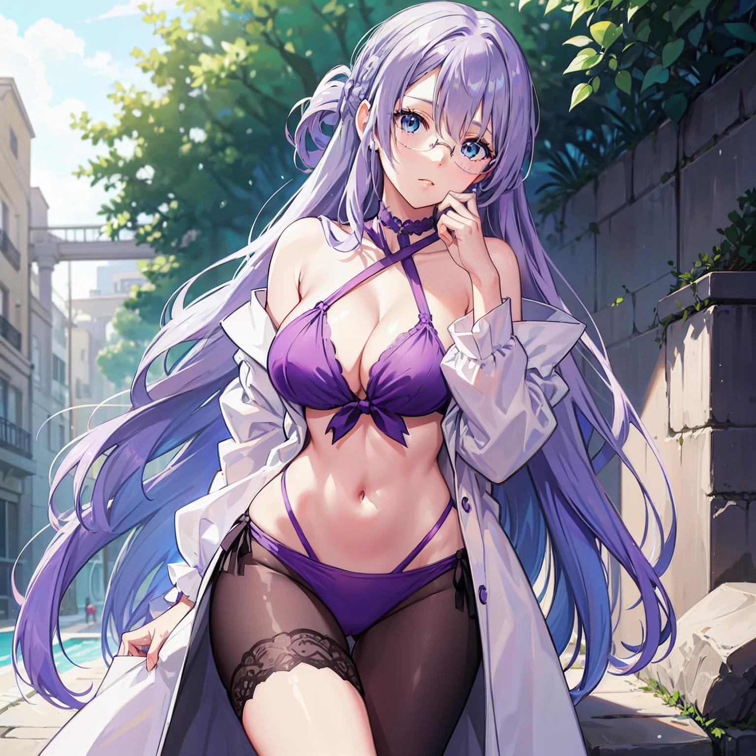 1 girl, lavender hair, long hair, lavender mature half updo, bangs hanging on the left side shoulder length hair strands hanging on either side tucked behind ears, light blue green eyes, Women's rimless glasses, large breast, purple bikini , pair black stocking, outdoor, perfect finger shape, the number of fingers is not excessive