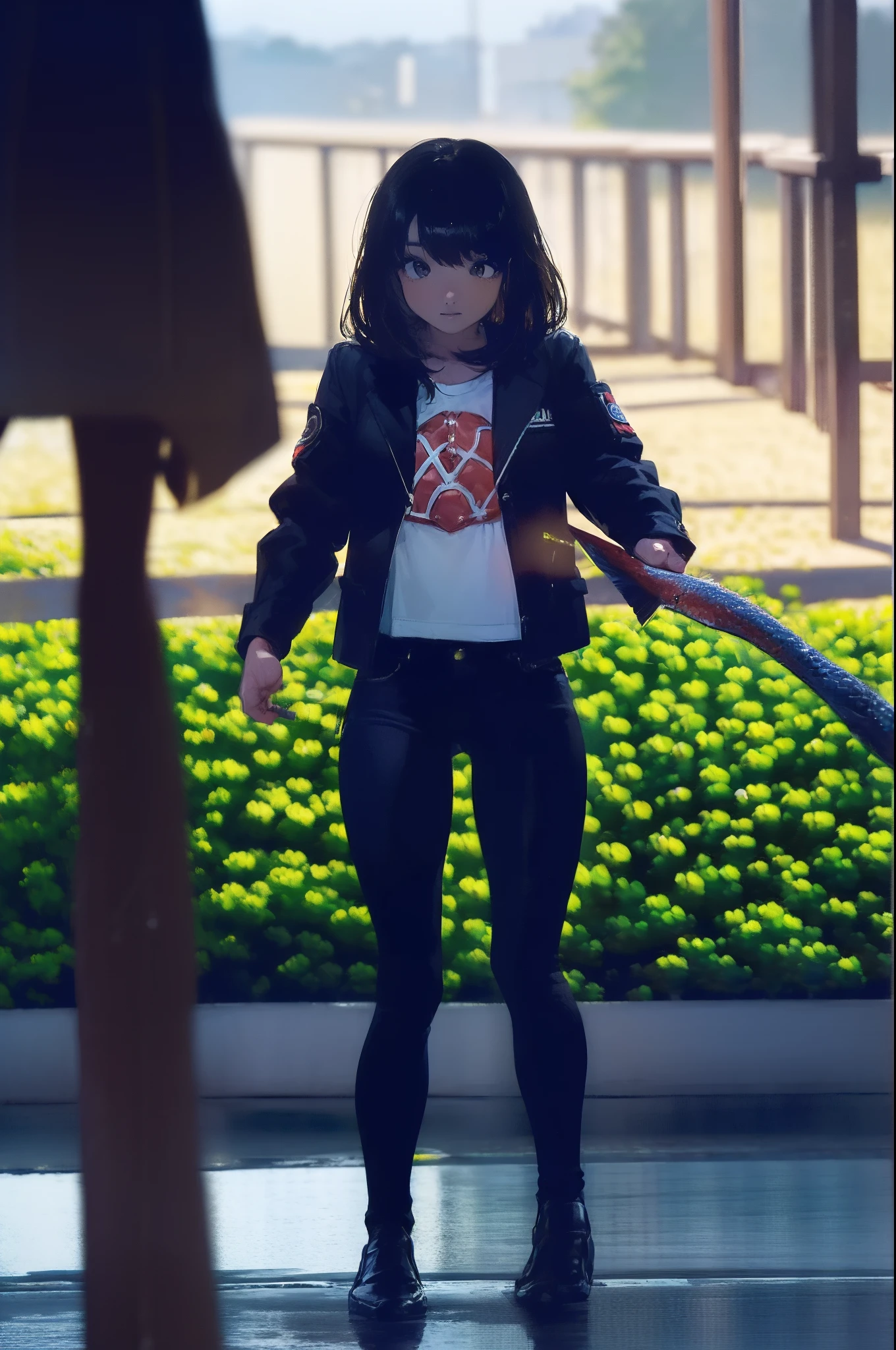 ((((catching a big fish by the lakeside:1.5)))),((Female 28 years old)),((Best Quality:1.5)),(((Hands with the correct number and structure of fingers:1.4))),((Big fish:1.37)),hight resolution,ultra-detailliert,​masterpiece,best qualtiy,(Eight-headed body),Black hair, long eyes-lashes, Solid Circle Eyes, drop shadow, Atmospheric perspective,Super Detail, ccurate, small brest,(Black jacket and black jeans :1.1),top-quality, blurry backround, bokeh dof:1.2, (​masterpiece:1.3),  Atmospheric perspective,Super Detail,dynamic compositions,