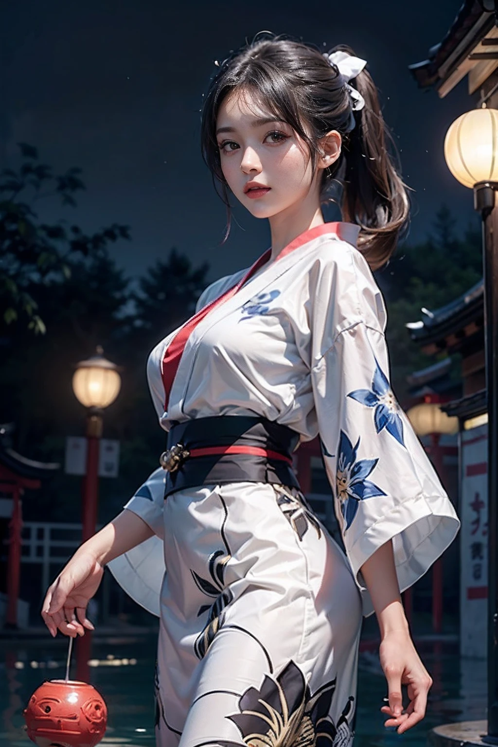 电影灯光，(((tmasterpiece))), ((best qualtiy)), ((intricate and detailed)), ((Ultra-realistic realism)), 4K,1beautiful woman, 25-years old, poneyTail,Ultra-fine yukata,beautiful countenance,Beautiful brown eyes,face perfect,A slender,large full breasts,having a good time, Large fishbowl , Swirling flocks of goldfish, Floating goldfish, Graphic illustration, see fishes swimming,A lot of goldfish, amazing depth, Cutest, Lots of fish balls,Goldfish scooping at a summer festival, (The background is the summer festival of the shrine:1.4), Silver hair, split ponytail, star-shaped pupils, conceptual art, Art Nouveau, Glowing light, nffsw, Textured skin, masutepiece, Anatomically correct, Best Quality, 8K