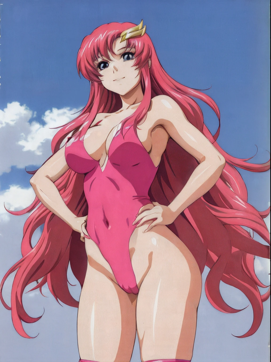 (masterpiece, 4K, Best Quality, Anime style: 1.9, bold drawing lines, High color saturation, Detailed face, tall, Adult Woman, lovely, (cloud background), Drawing lines, high resolution, Anime, lacus4), 1girl in, Solo, curvy figure, Long hair, 鎖骨, scapular, Wavy Hair, Detailed wide hair bangs, Hair Ornament, Detailed reddish-pink hair, cleavage, large hands, (Big blue eyes, shiny eyes), Smile, closed mouth, Very happy, ((closed fists)), (laughing, open mouth), ((medium breasts)), ((pink strapless wrestling leotard), (pink wrestling long boots), bare thighs, strong arms, biceps, rib lines, ((lean forward)), legs, standing, (hands on hips), happy, bare shoulders, (bare thighs, exposed navel, groin)