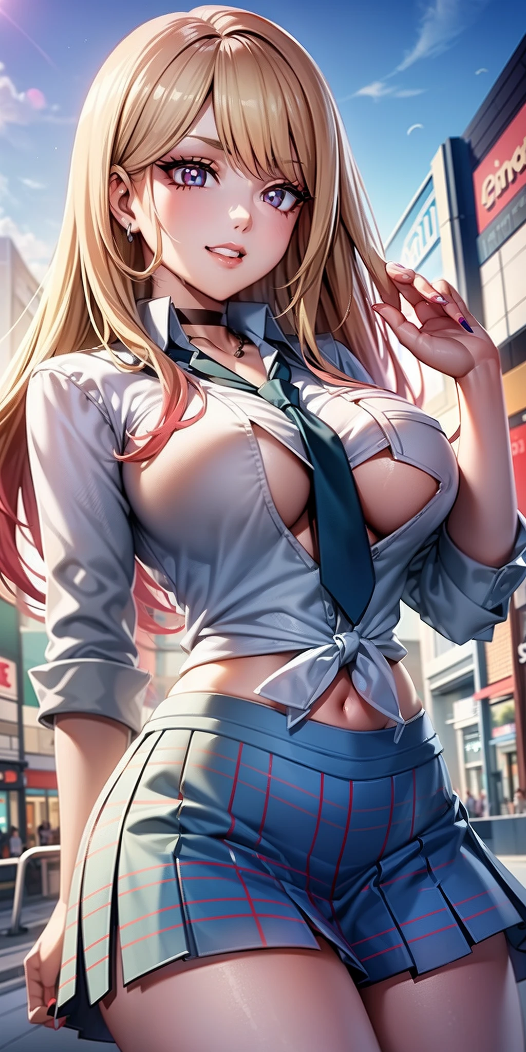 (anime style),masterpiece, best quality, ultra-detailed, glistening shiny, glowing light, ray tracing, HDR, deph of field, (perfect face, detailed face, detailed eyes),(big boobs:1.2),8k,HD,ultra realistic face,ray tracing,perfect lighting,best quality, ultra-detailed, shiny eyes, (looking at viewer,sensual smile:1.1), ((1girl)), (gyaru, mature female:1.4),hourglass_body shape,
marin,long hair,((gradient hair)),multicolored eyes, gradient eyes, (glowing eyes:1.1), mascara, (fashion make up), parted lips,skirt, shirt, jewelry, school uniform, white shirt, pleated skirt, earrings, necktie, choker, grin, bracelet, blue skirt, plaid,black choker, plaid skirt, piercing, ear piercing, bright pupils,tied shirt, bead bracelet,
((mall, terrace, shops, glass roof)),complex background,((super detailed background)), sensual poses((8k wall paper)), ((8k wallpaper)) ,