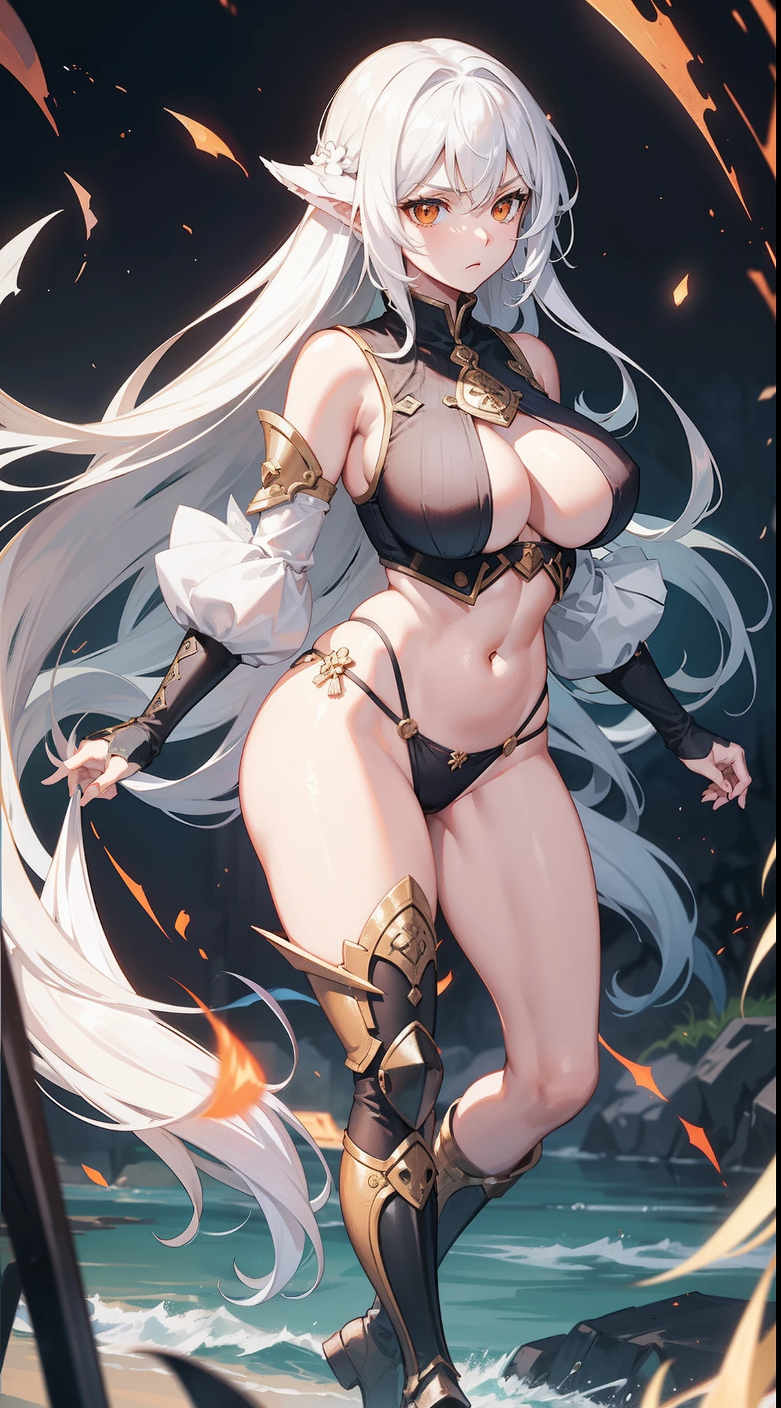 Adult woman, Long white hair, Orange Eyes, big breastes, open breasts, open belly, blue tight top, Iron sleeves, Iron boots, open thighs, brawn, anger, Masterpiece, hiquality