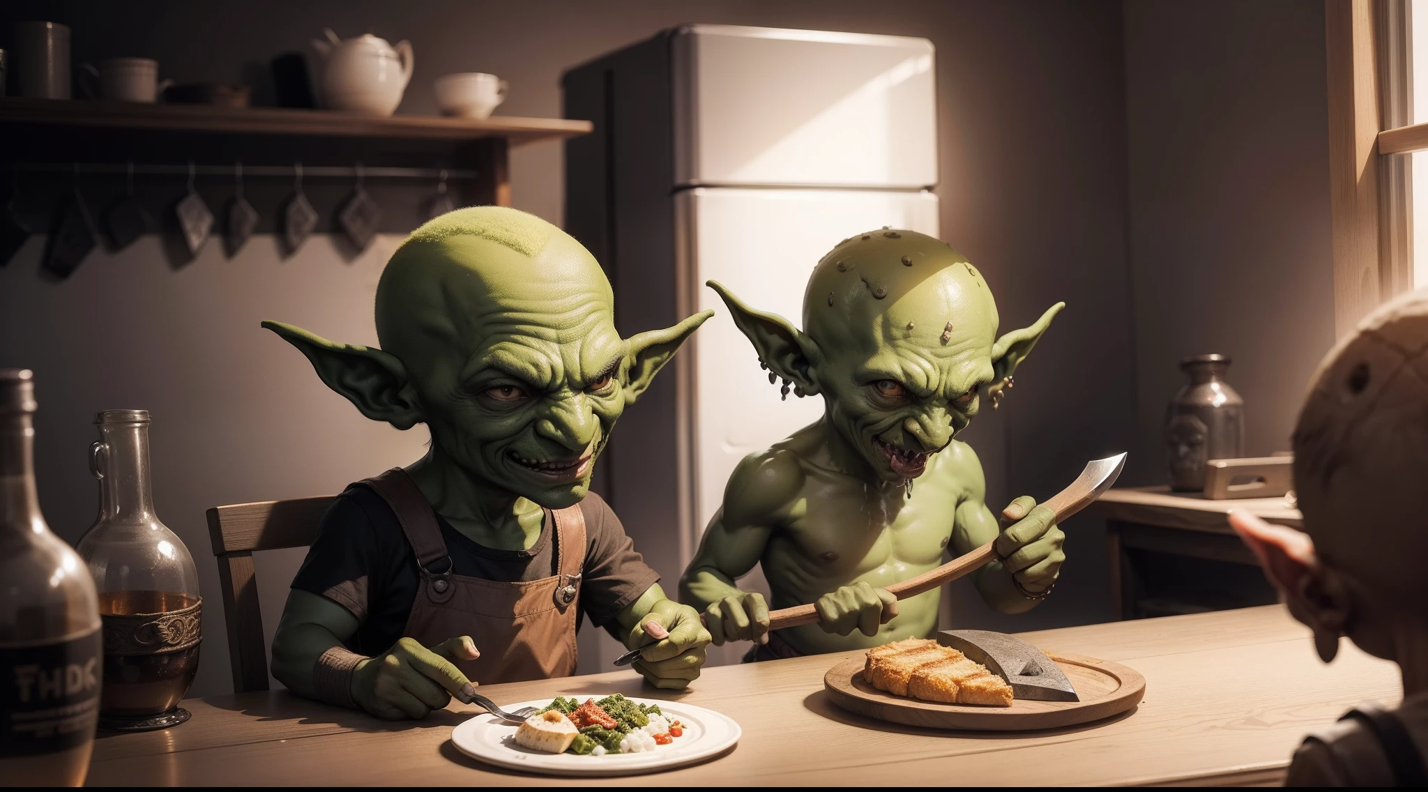 A very small Goblin，Holding an axe in his right hand。Gather around the table for dinner。There is a goblin mother at home，Brother Goblin，Papa Goblin。tmasterpiece。best qualtiy。