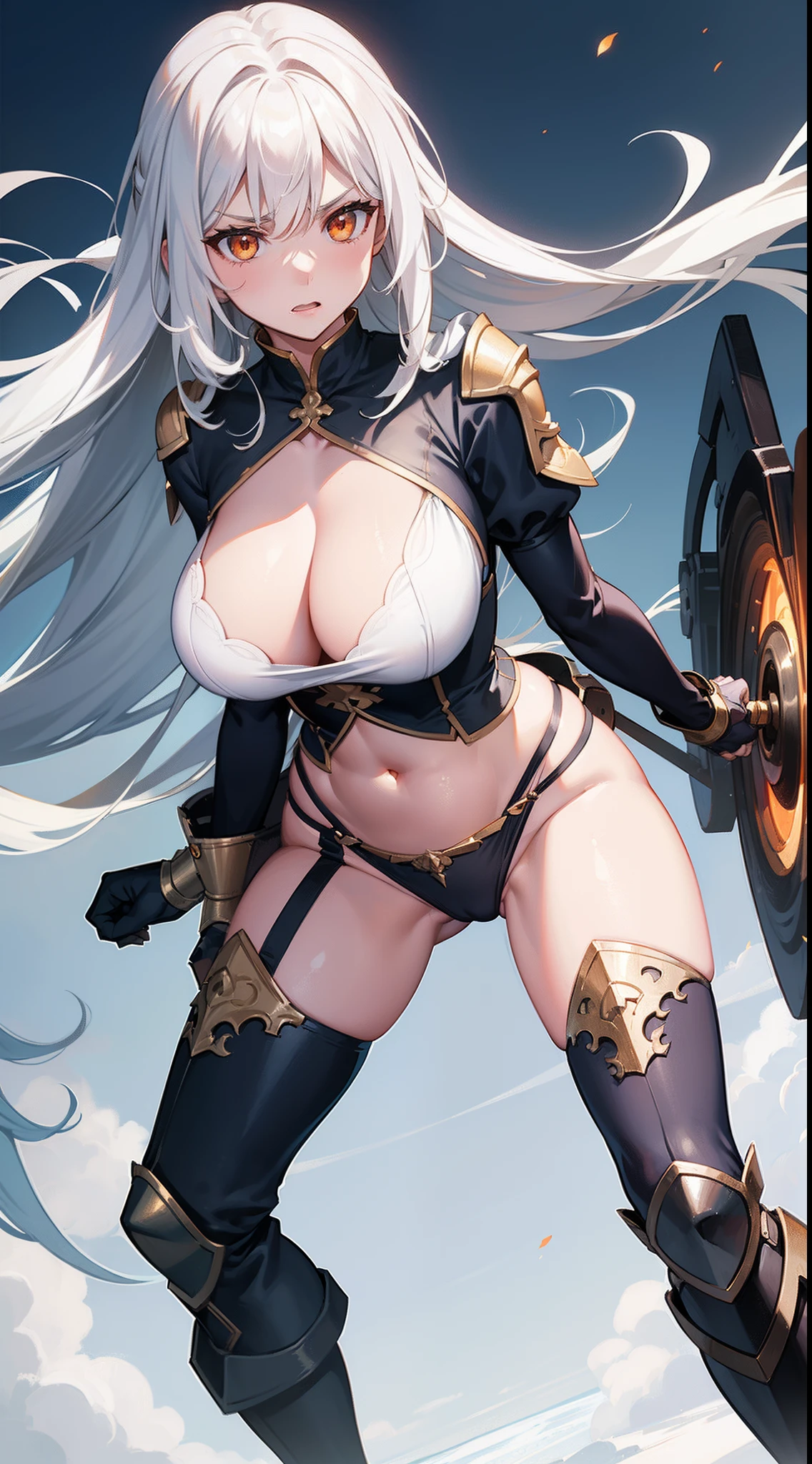 Adult woman, Long white hair, Orange Eyes, big breastes, open breasts, open belly, blue tight top, Iron sleeves, Iron boots, open thighs, brawn, anger, Masterpiece, hiquality