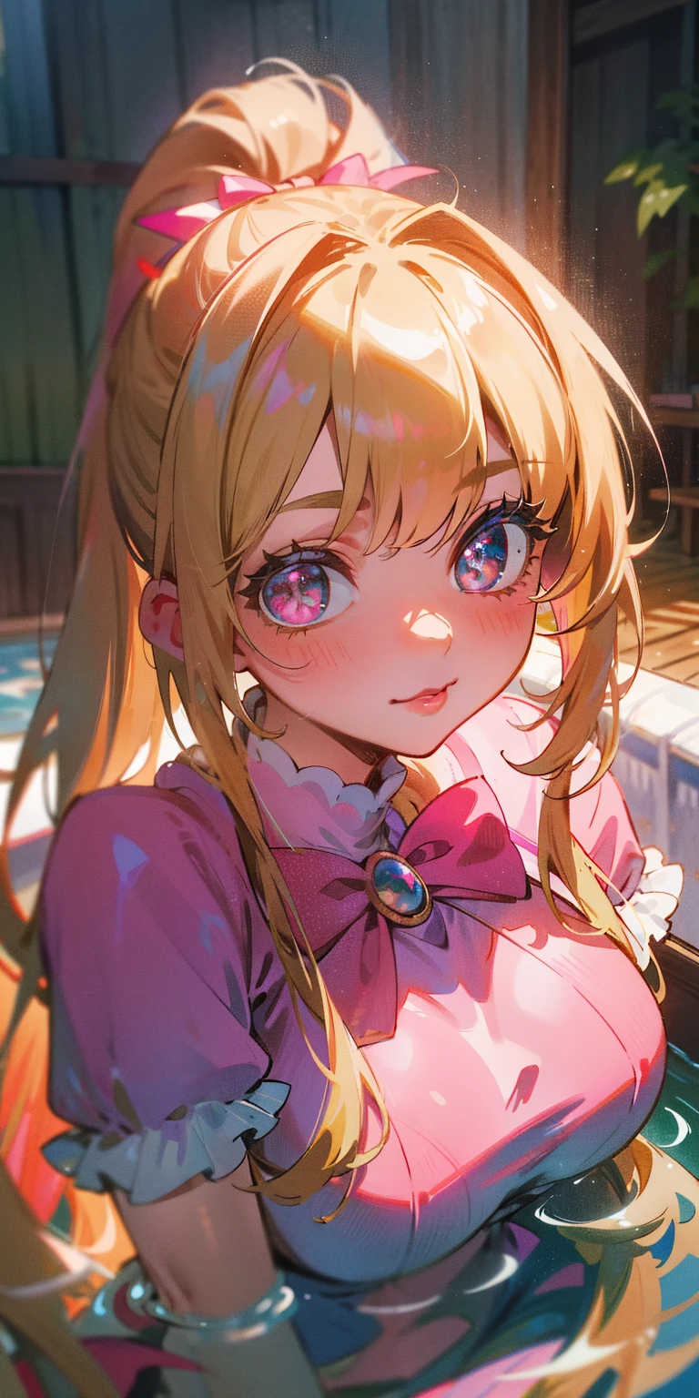 (8K, 4K, Best Quality, hight resolution:1.2), (maasterpiece, Realistic, photos realistic:1.37), 1girll, Solo, Beautiful face, eye lashes, nase, Glossy lips, (Detailed eyes, view the viewer, Fair skin, White skin:1.5), fine complexion, Upper body,
Large breasts, busty, , (:1.5),
outdoor bath,
twosideup, absurdly long hair, Ponytail of Blonde Hair, Pink , Bangs, hair adornments, Bow,
Younger, aged down,