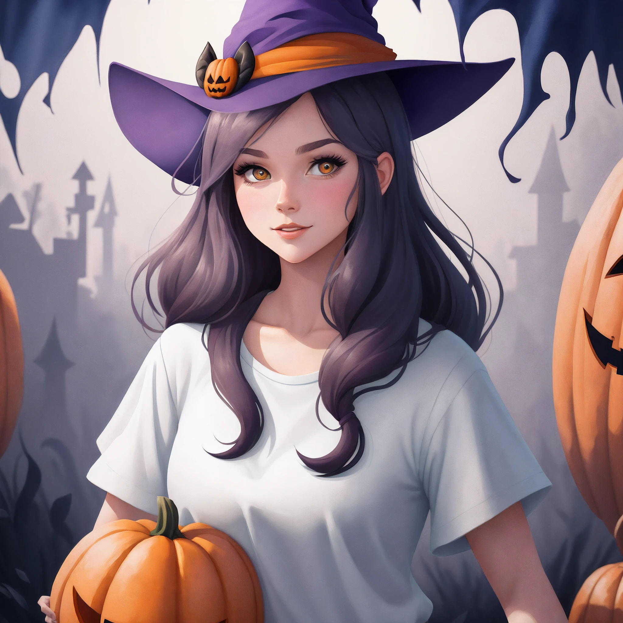 A charming girl as a Halloween witch's autumn icon pack, random facial expression, Random coloring, Cartoon style, 2D, planar vector, Character design, T-shirt design, Colorful splashes, vectorial art, Fantasy art, Watercolor effect,Digital painting, white bg, 8K