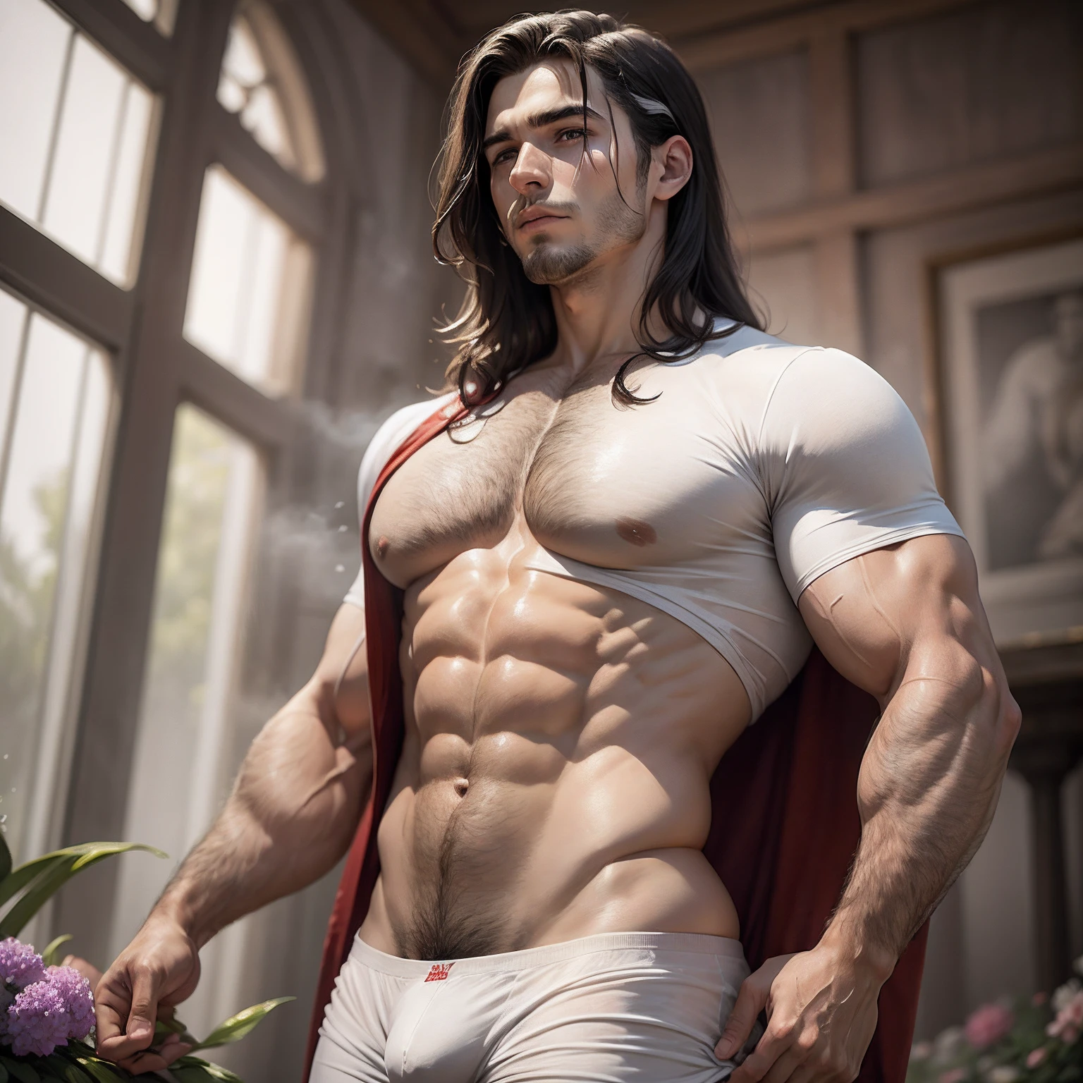 Homem musculoso com cabelo preto, Rosto europeu, Corpo grego de Deus, cintura pequena, Dressed in a small wet white boxer and a huge bulge underneath, Cabelo curto e classicamente elegante, Dentro do templo grego antigo, Flowers and mist around