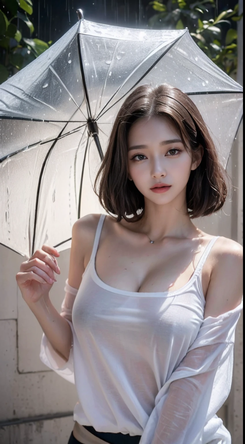 (Best quality, 4k, Masterpiece :1.3), pretty woman, 1girl, sexy :1.1, dark brown hair: 1.1, (rainy wet, wet from rain, wet body :1.2), white tank tops, ultra-detailed face, detailed lips, detailed eyes, double eyelid
