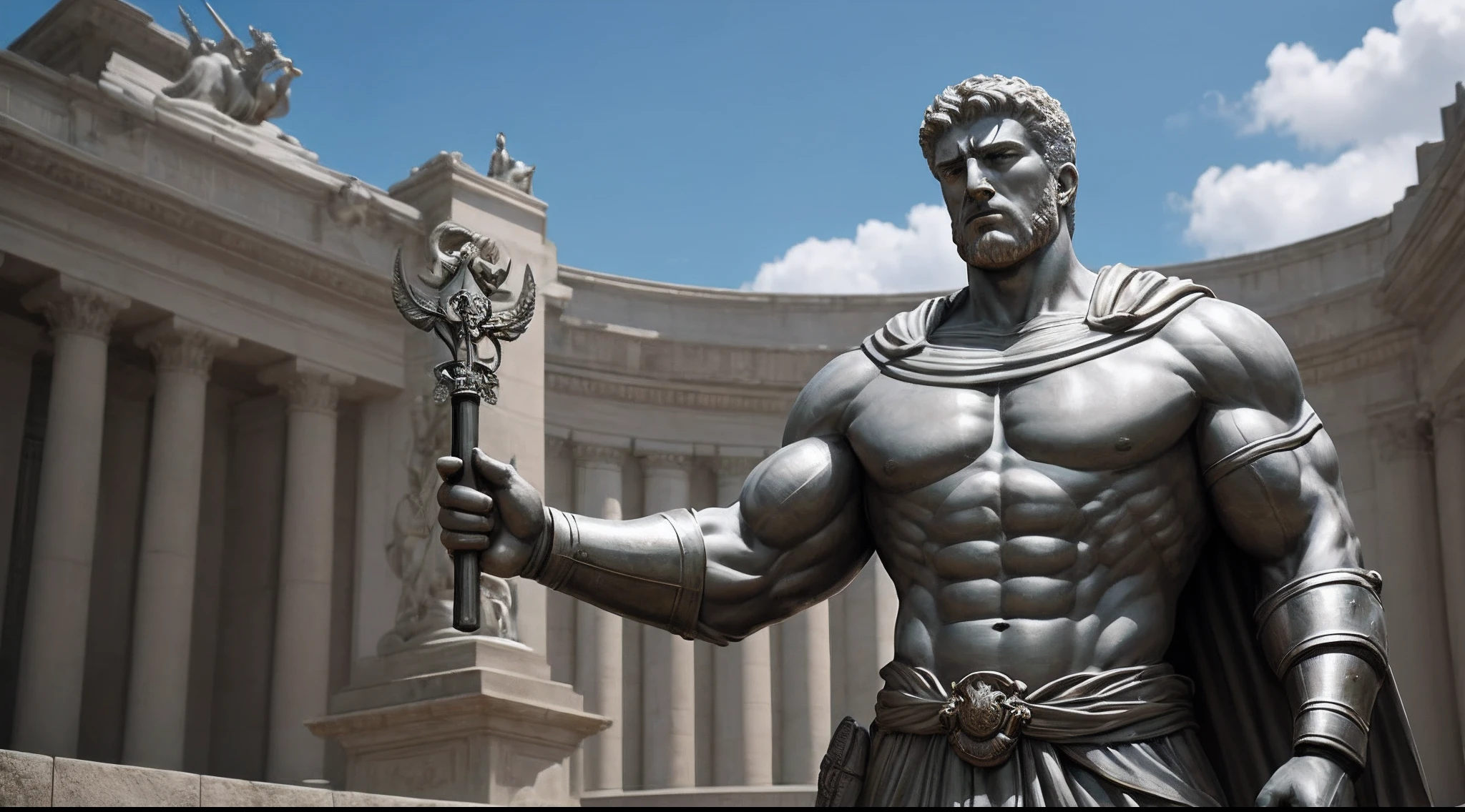 Arafed statue of a man holding a spear in front of a building - SeaArt AI