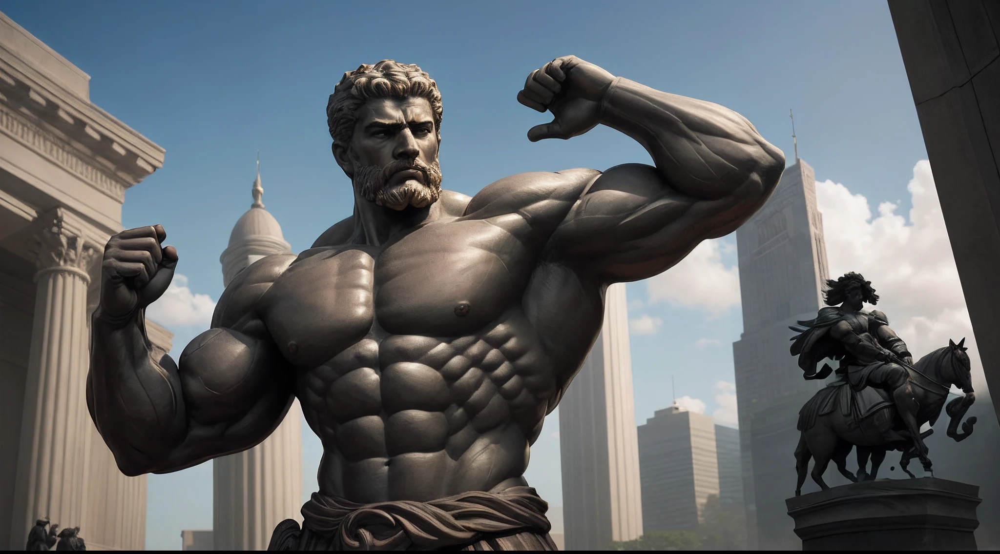 "Cinematic statue of stoic strong men, captured in a powerful and commanding pose."