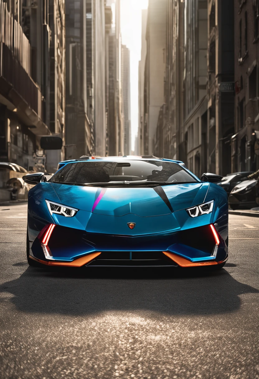 Imagine a sleek Lamborghini, its side profile as sharp and impressive as a bull's horn, with the front end designed to evoke strength and determination. On top of the car, dynamic wings, reminiscent of a majestic bird in flight, signify the soaring potential of innovation and ambition. The backside of this masterpiece features the powerful legs of a horse, symbolizing not just speed but also the unwavering drive to carry you forward. The entire car is adorned in a vibrant rainbow of colors, each feather-like hue representing the endless spectrum of possibilities and creativity that comes with every journey
