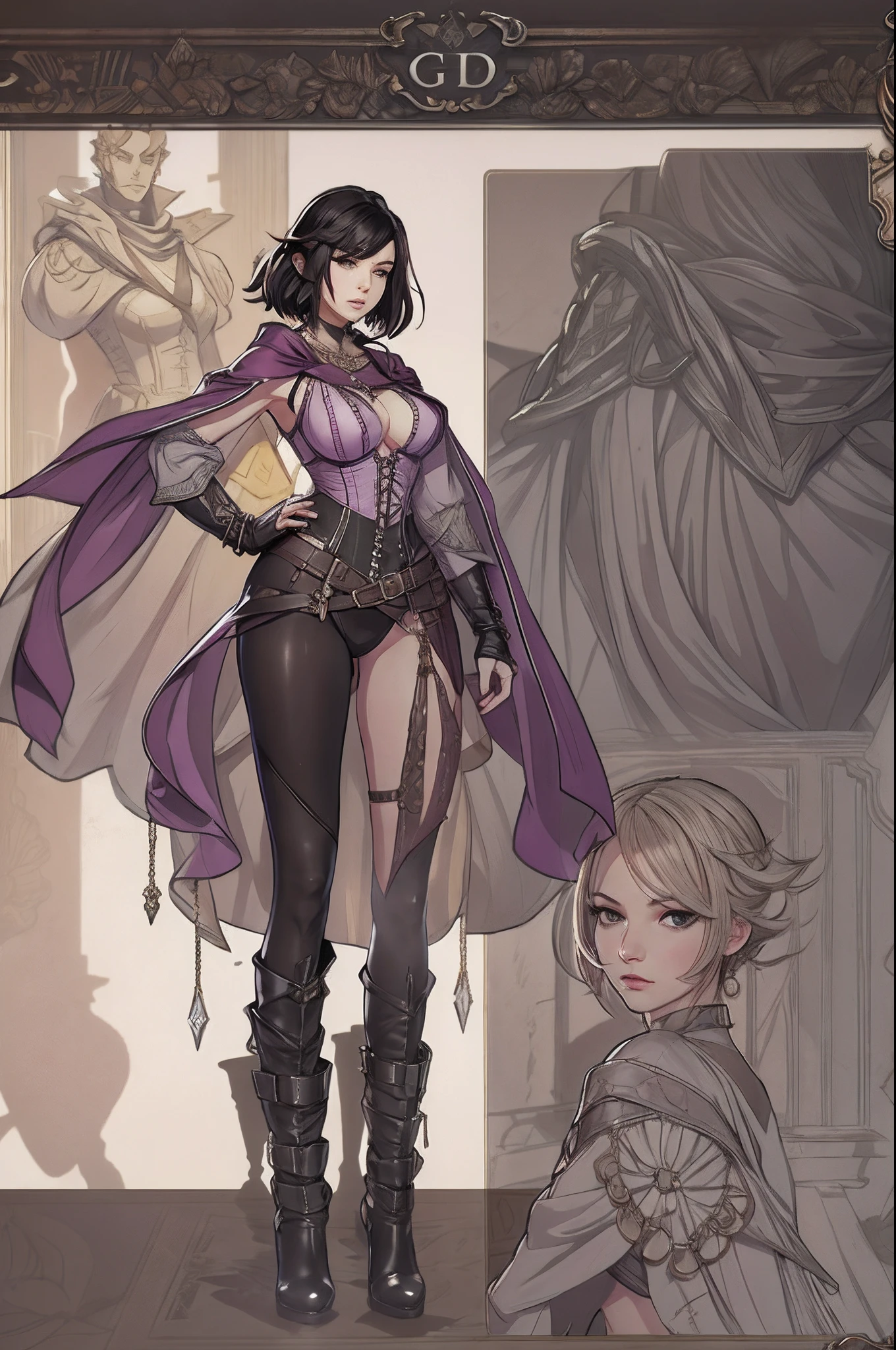 Game Art design, Octopath Traveler 2, 1girl, throne anguis, (solo:1.4), 1girl, black hair, huge breasts, cleavage, plumb ass, thick thighs, thin waist, collarbone, corset, purple clothes, dagger, high heel boots, holding dagger, jewelry, knee boots, necklace, poncho short hair, side slit, seductive pose, extremely detailed face and eyes, absurdes, beautiful shadow and lighting, ambient occlusion, tavern background