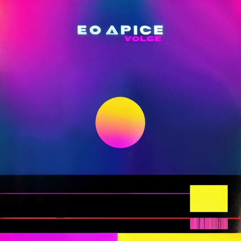 Noisy album cover art，With a glitch effect and a vibrant pink and yellow color scheme，Adopt electronic music style。Logo with LCF，Black and dark blue background，Bright blue，Bright orange，Dark purple，، simple，ultra - detailed，Detailed drawing，vectorised，contours
