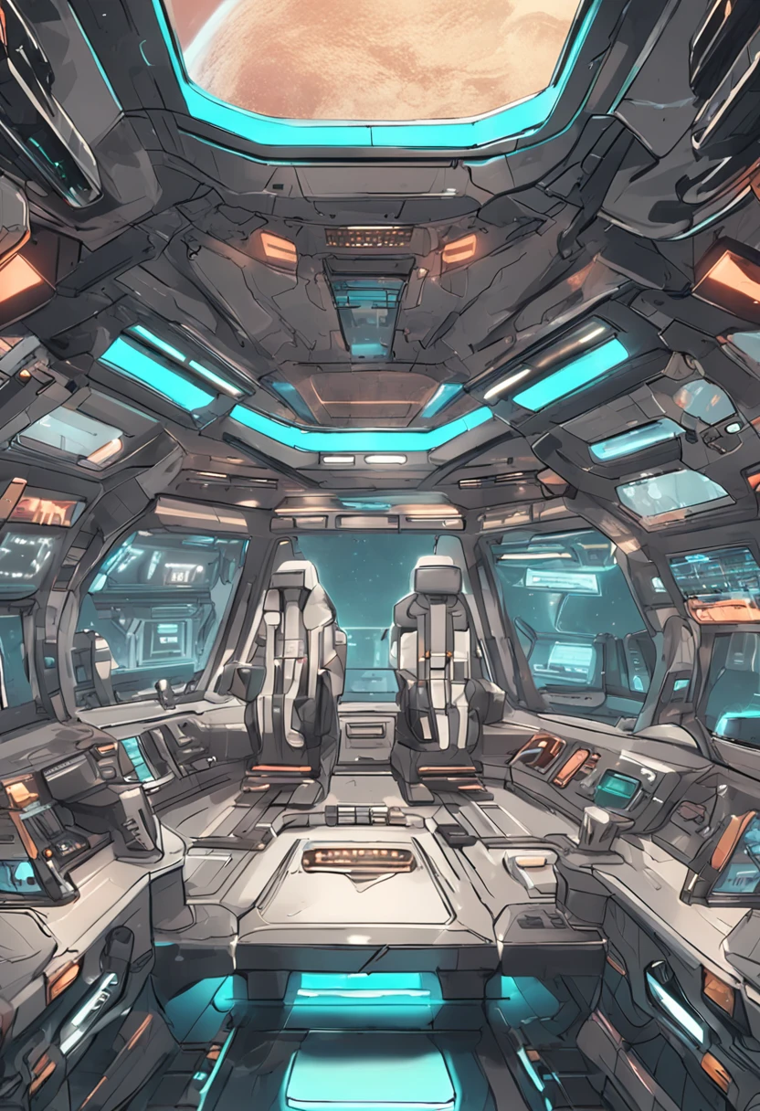 Description: Futuristic spaceships with item upgrade slots. The wheelhouse of a spaceship,The perimeter is covered with huge transparent glass,Outside the glass is a planet seen from the universe,There are tentacle monsters on the surface of the planet,At the center of the cab is the center console,Full of technology,Ultra-long viewing angle,Manhwa Style,panoramic lens,shock,