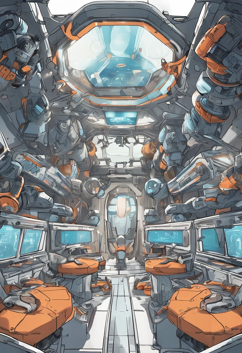 Description: Futuristic spaceships with item upgrade slots. The wheelhouse of a spaceship，The perimeter is covered with huge transparent glass，Outside the glass is a planet seen from the universe，There are tentacle monsters on the surface of the planet，At the center of the cab is the center console，Full of technology，Ultra-long viewing angle，Manhwa Style，panoramic lens，shock，