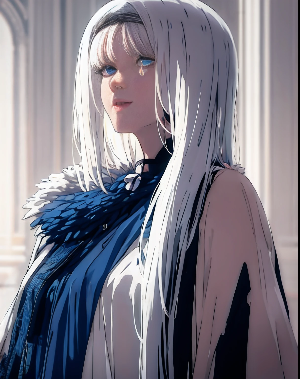 Mother with white hair and blue eyes