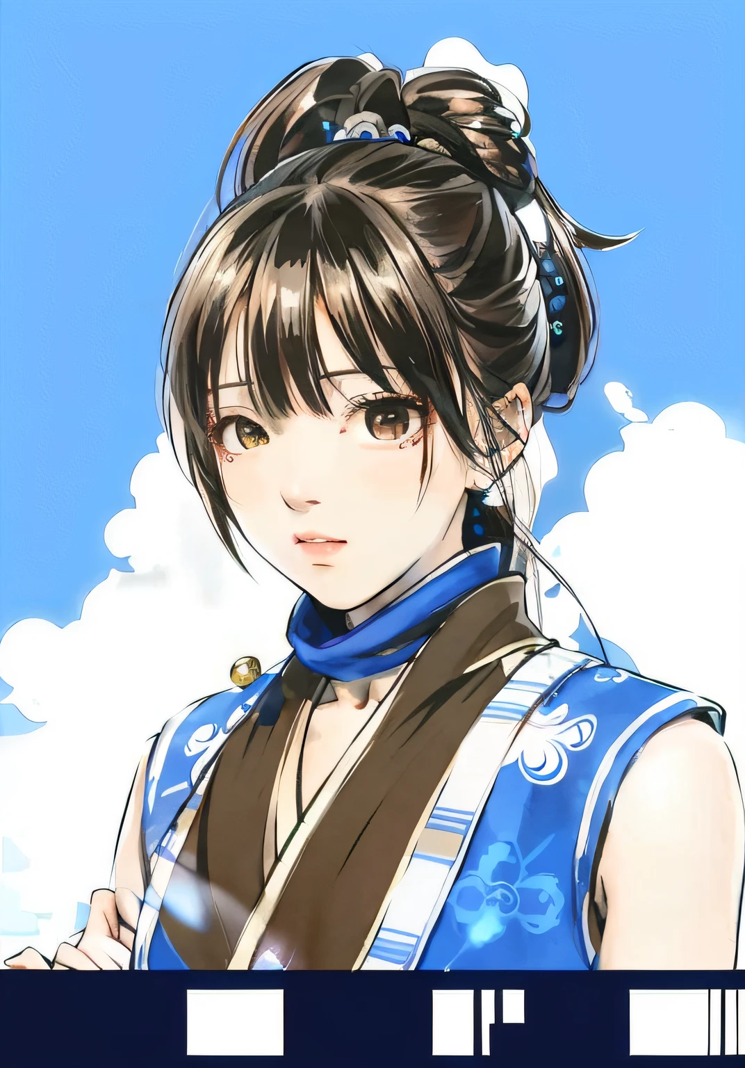 Painting of a woman with a ponytail and a blue scarf, shinkiro toshiaki mori, jin kagetsu, jrpg character, anime figure, final fantasy tactics character, feng shu, zhao yun, jin shan, ando tadao, shikanosuke yagaki, yakisugi, haibane renmei, Akari Toriyama