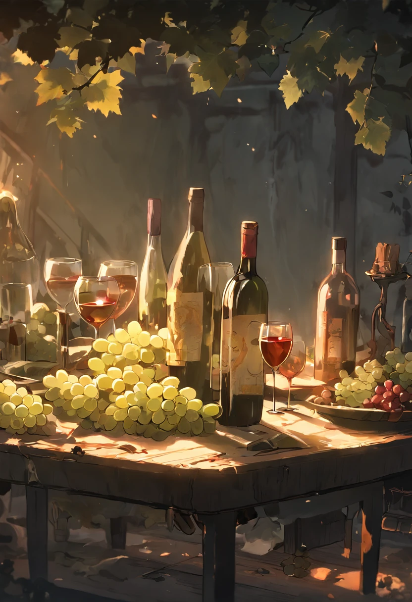 studio, photography concept of a black table, smoke, old logs, a few bunches of grapes, grape leaves, a glass of wine standing next to a few bottles of wine as the center, light coming in from the left.