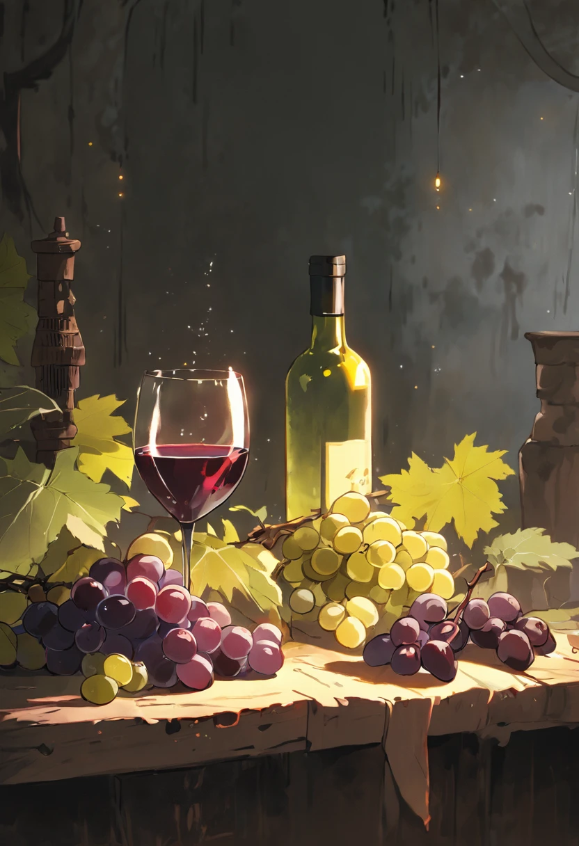 studio, photography concept of a black table, smoke, old logs, a few bunches of grapes, grape leaves, a glass of wine standing next to a few bottles of wine as the center, light coming in from the left.