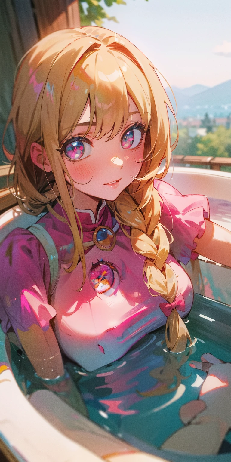 (8K, 4K, Best Quality, hight resolution:1.2), (maasterpiece, Realistic, photos realistic:1.37), 1girll, Solo, Beautiful face, Eye lashes, nase, Glossy lips, (Detailed eyes, view the viewer, Fair skin, White skin:1.5), fine complexion, Upper body,
Large breasts, busty, , (:1.5),
outdoor bath,
twosideup, absurdly long hair, Blonde hair braid, Pink , Bangs, hair adornments, Bow,
Younger, aged down,