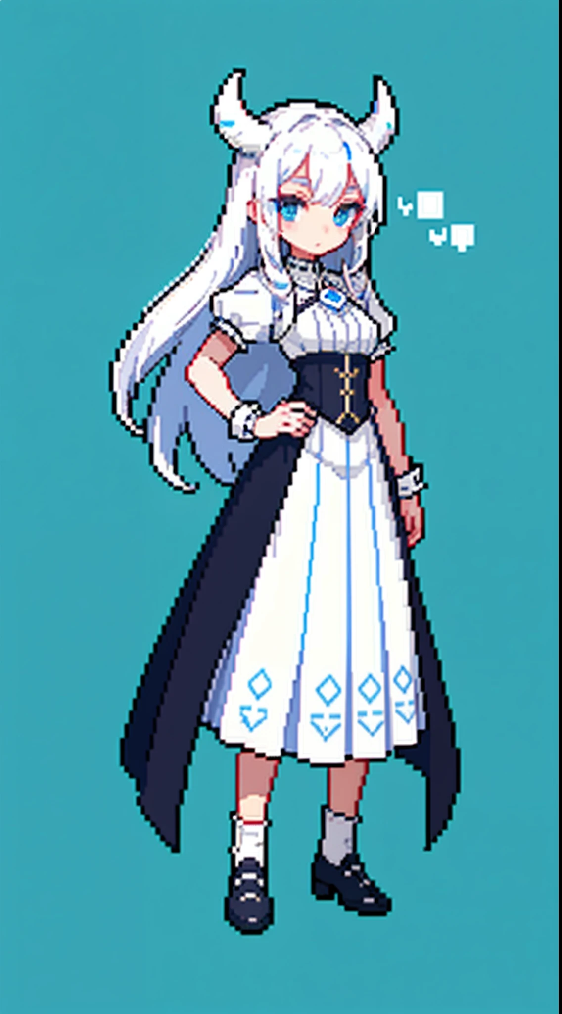 （tmasterpiece，top Quority，best qualtiy），pix，pixelart，1womanl，full bodyesbian，Put your hands behind your back，There is a pair of white horns on the head，long  white hair，blue color eyes，White color blouse，Short blue cloak，White pleated long dress，Black leather shoes，black sock