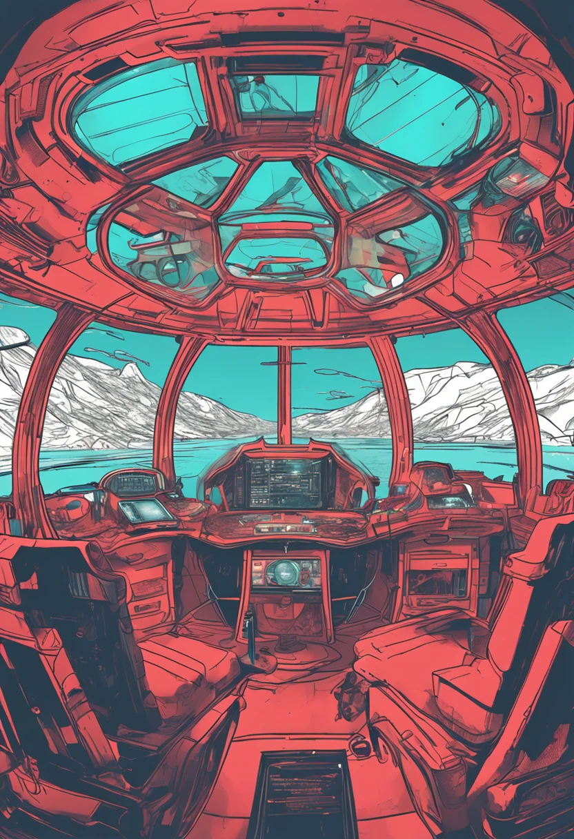 The wheelhouse of a futuristic spaceship，The perimeter is covered with huge transparent glass，Outside the glass is a planet seen from the universe，There are tentacle monsters on the surface of the planet，At the center of the cab is the center console，Full of technology，Ultra-long viewing angle，panoramic lens，shock，