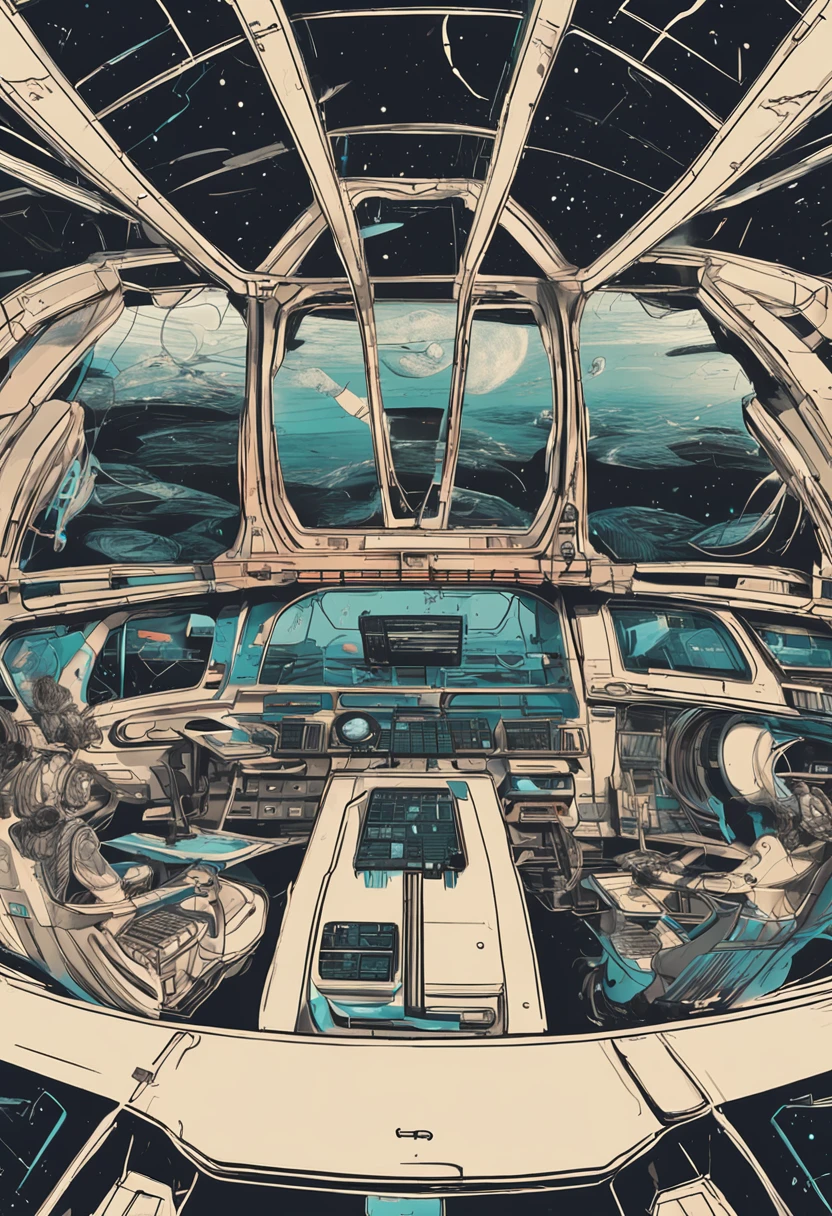 The wheelhouse of a futuristic spaceship,The perimeter is covered with huge transparent glass,Outside the glass is a planet seen from the universe,There are tentacle monsters on the surface of the planet,At the center of the cab is the center console,Full of technology,Ultra-long viewing angle,panoramic lens,shock,