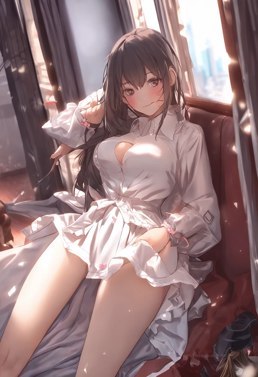 Lovely girl lying on the bed,Raise the bottom of the skirt slightly,The reveal panties,beautifullegs,seductiv,Bigboobs,micro details, Soft light, Photorealistic, Proportional, 超详细信息,hyper HD,,stocklings,big breasts exposed cleavage,anime big breast. Soft lighting,Smooth anime CG art, Photorealistic anime,attractive anime girls, relaxed poses,masturbation