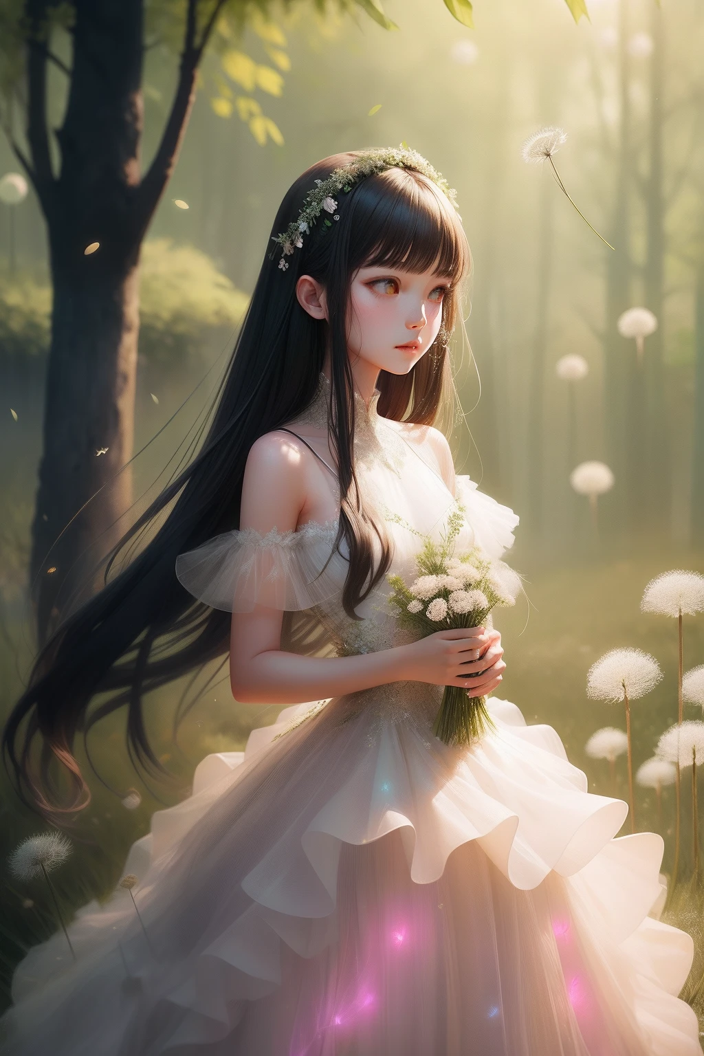 A woman in a light tulle dress in a white dandelion forest, Brunette long hair lady with glowing tulle dress, It is covered with flesh green and flesh pink, Glowing firefly background，inspired by Wadim Kashin, by Russell Dongjun Lu, inspired by Yanjun Cheng, inspired by Hsiao-Ron Cheng, Beautiful digital artwork, inspired by Ray Caesar