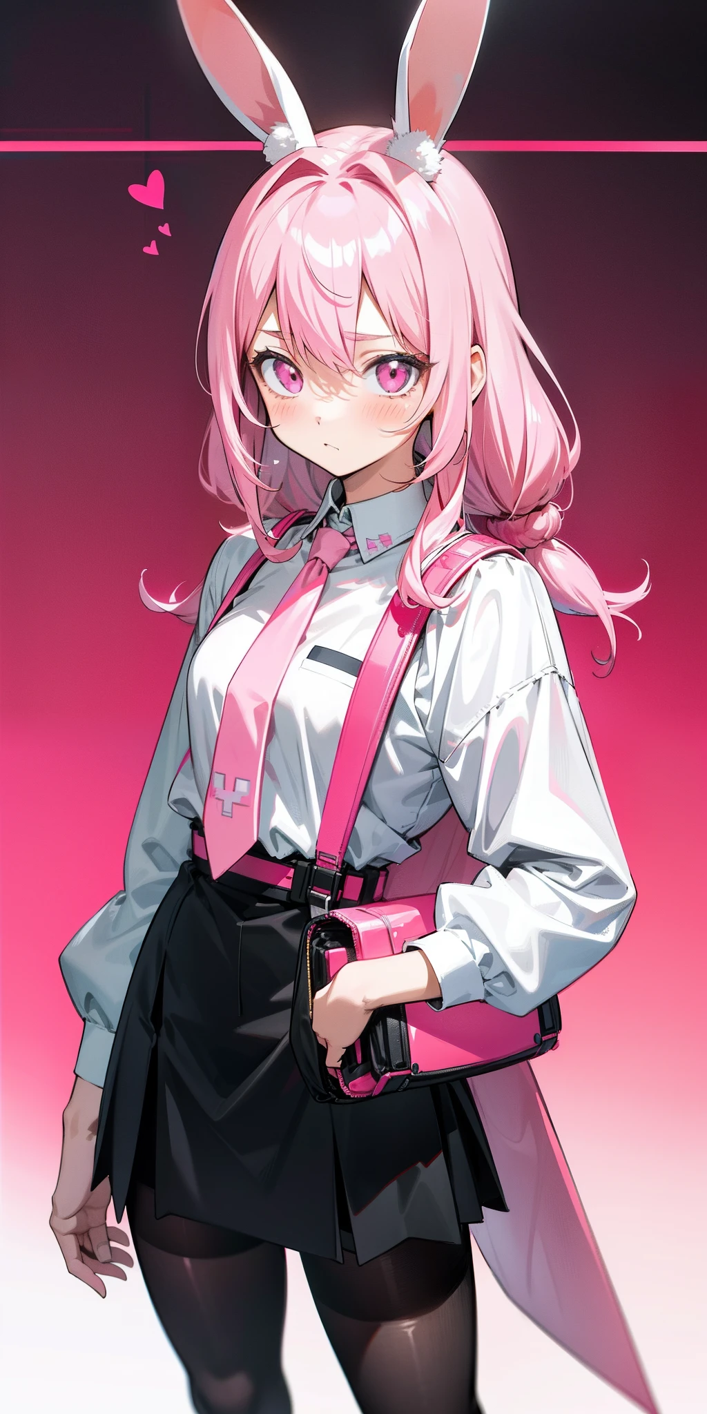 Anime girl with pink hair and bunny ears in pink tie, pink eyes, shy blush, pretty, small satchel, cyberpunk